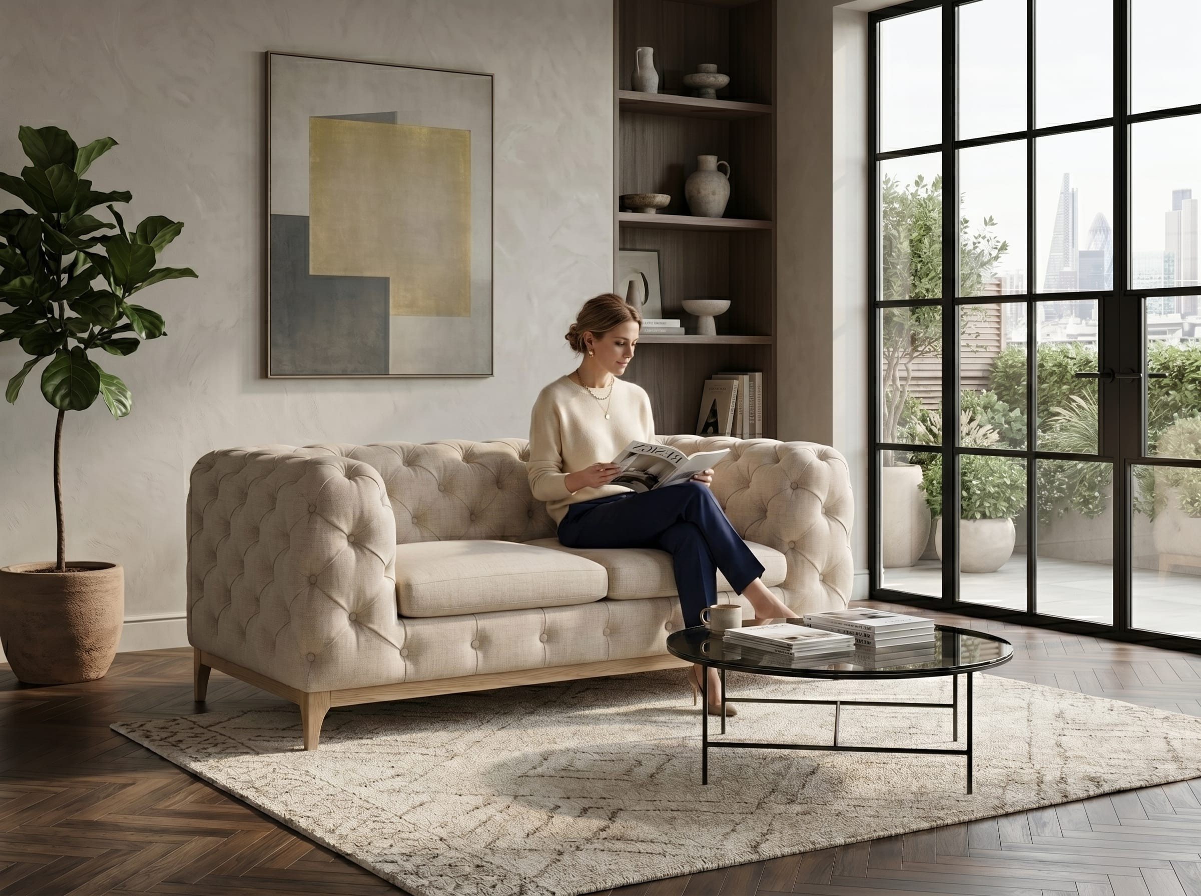 Xlmoebel Chesterfield-Sofa Beiges Chesterfield 2-Sitzer-Sofa mit gestepptem Design für Ihr, 1 Teile, Made in Europa