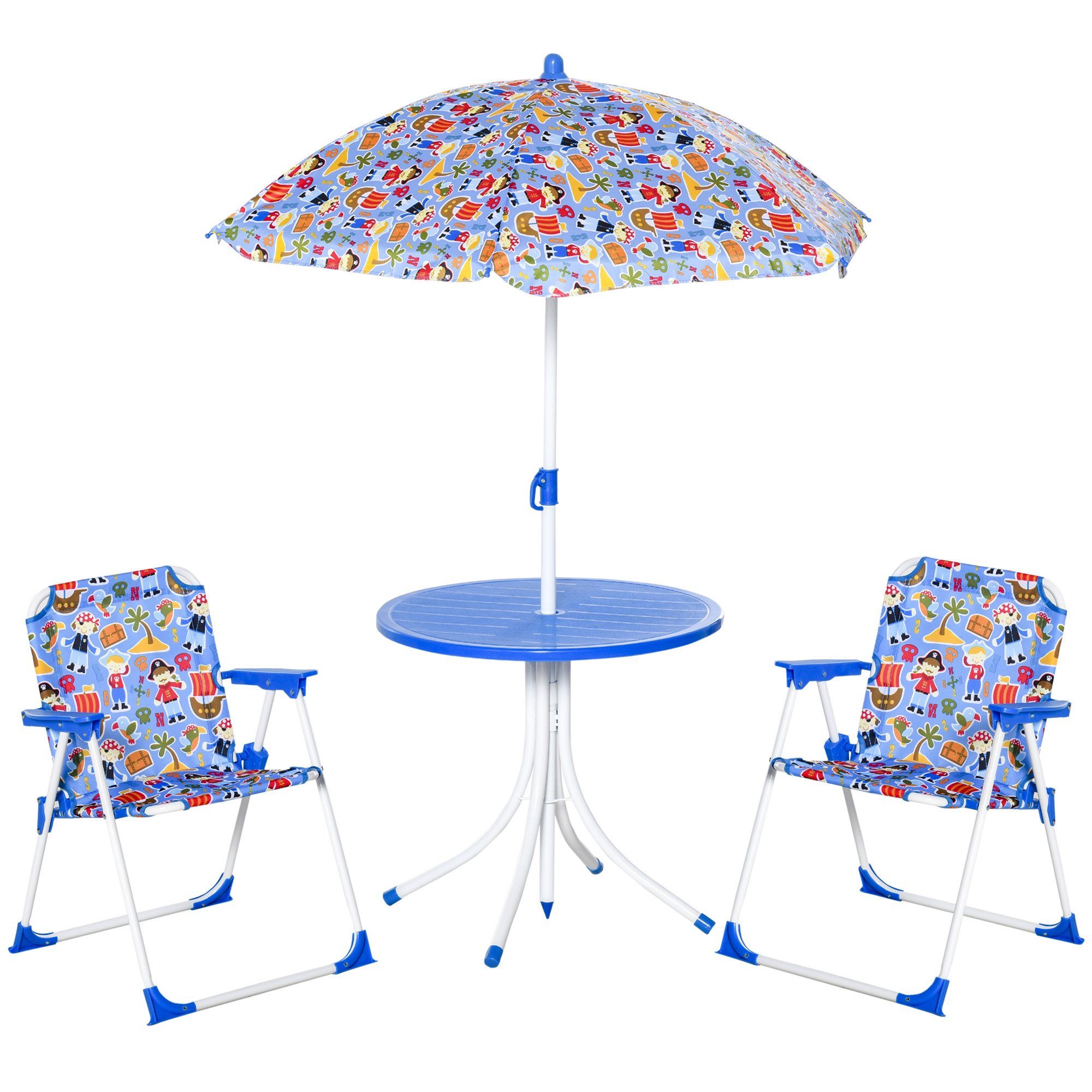 Outsunny Garten-Kindersitzgruppe mit Sonnenschirm, (Gartentisch, 4-tlg., Picknicktisch), für Garten, Balkon, Blau