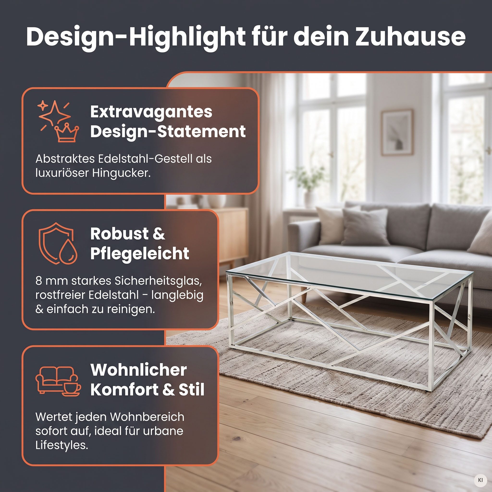 SalesFever Couchtisch Glastisch mit stilvoller Eleganz, Edelstahlgestell: Robust, rostfrei und stilvoll – Bild 4 von 5