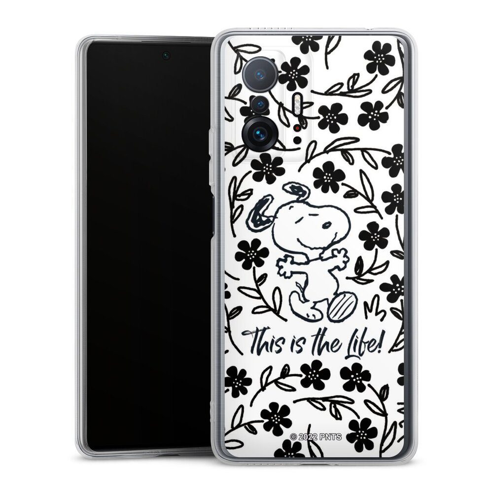 DeinDesign Handyhülle Peanuts Blumen Snoopy Snoopy Black and White This Is The Life, Xiaomi 11T Pro 5G Silikon Hülle Bumper Case Handy Schutzhülle