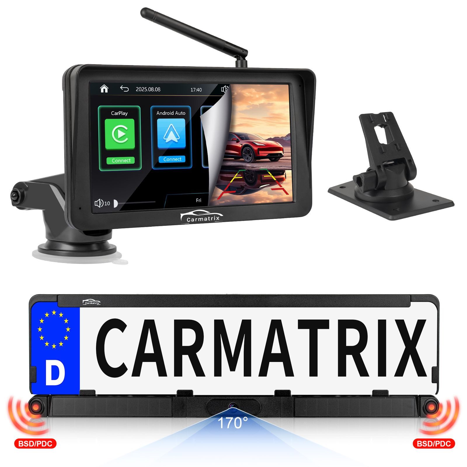 CARMATRIX SC43U Rückfahrkamera (HD Solar Funk Rückfahrsystem Nummernschild mit CarPlay Android Auto, Rückfahrkamera Solarpanel Kennzeichenhalter PDC Sensoren Einparkhilfe)