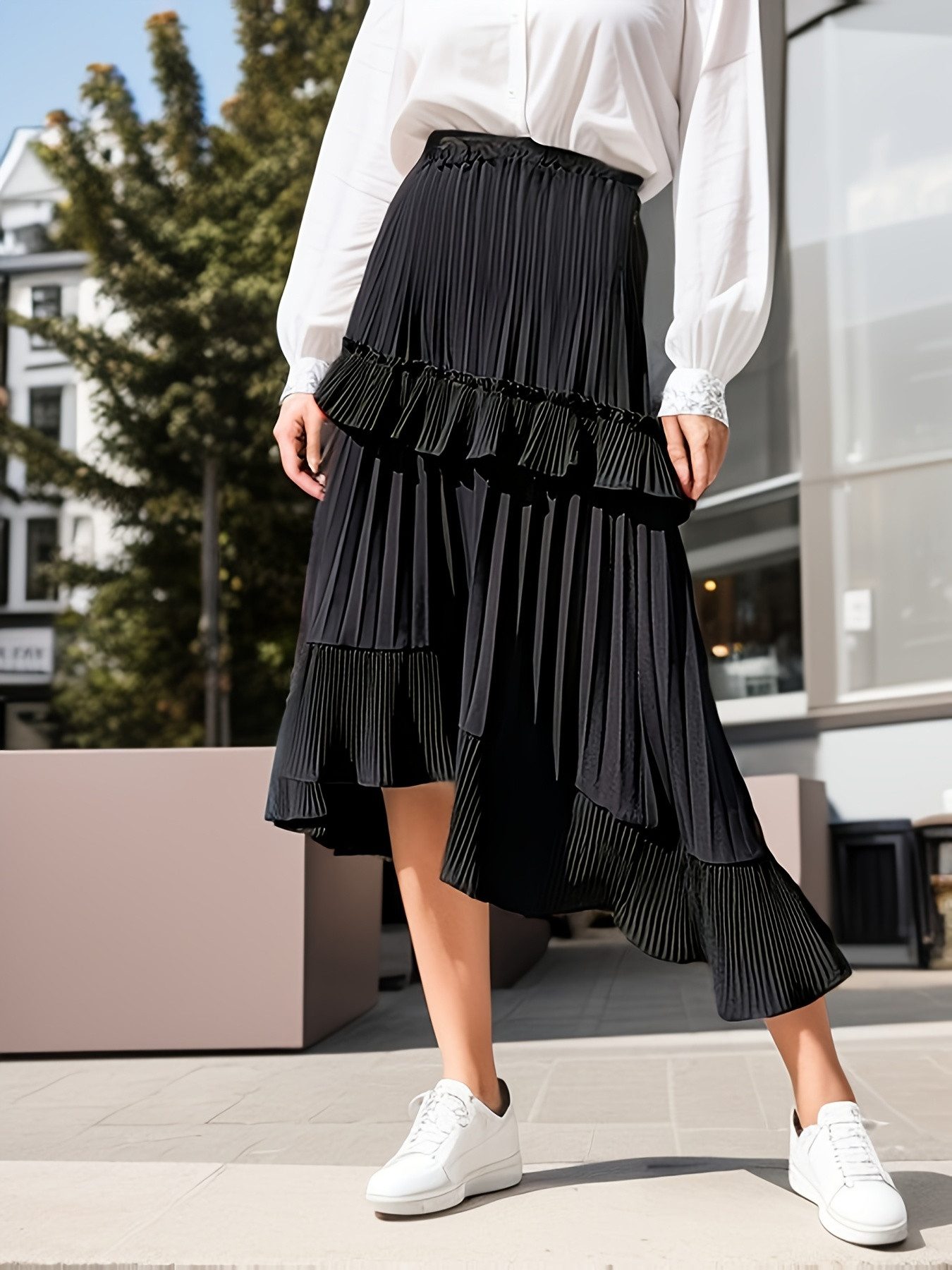 Midirock Damen Elegant mit hoher Taille Faltenrock einfarbiger