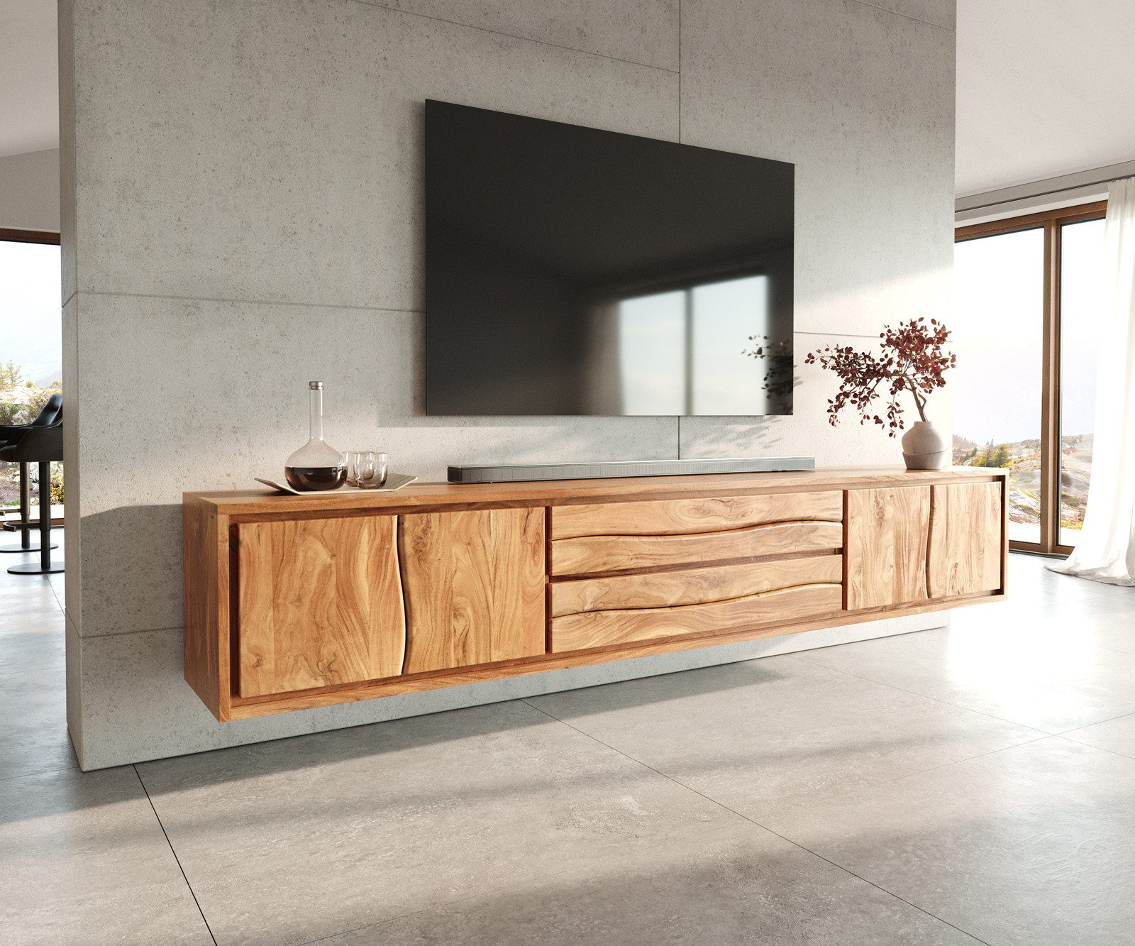DELIFE Lowboard Live-Edge, Akazie Natur 300 cm 4 Türen 2 Schübe schwebend Lowboard