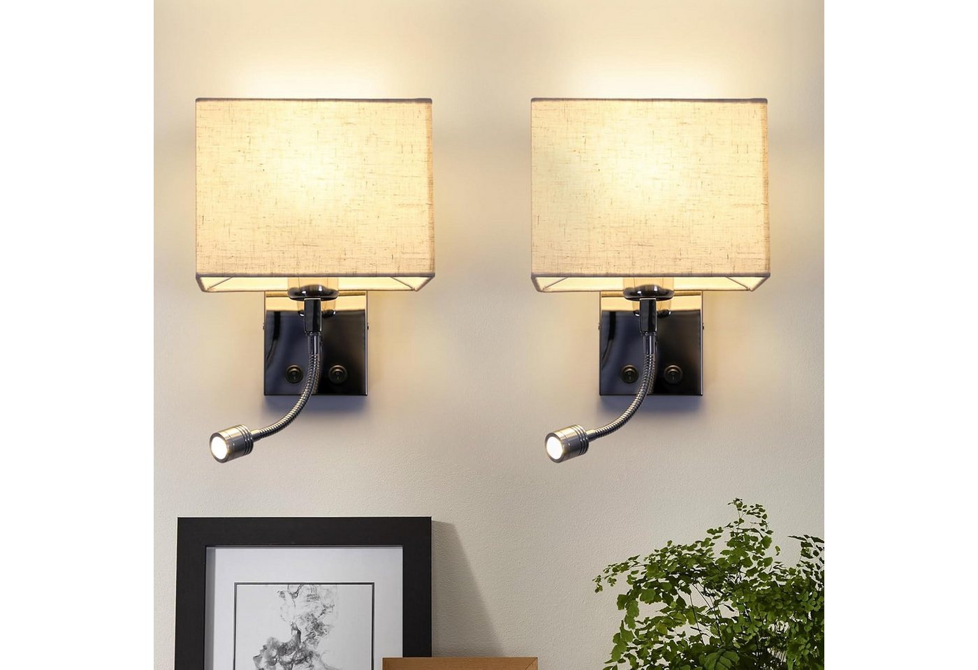 ZMH LED Wandleuchte Leselampe Stoffschirm Schwenkbar Bettlampe mit Schalter Schlafzimmer, Augenschutz, LED fest integriert, Warmweiß, Nicht Dimmbar Zum Gebrauch im Freien und in geschlossenen Räumen