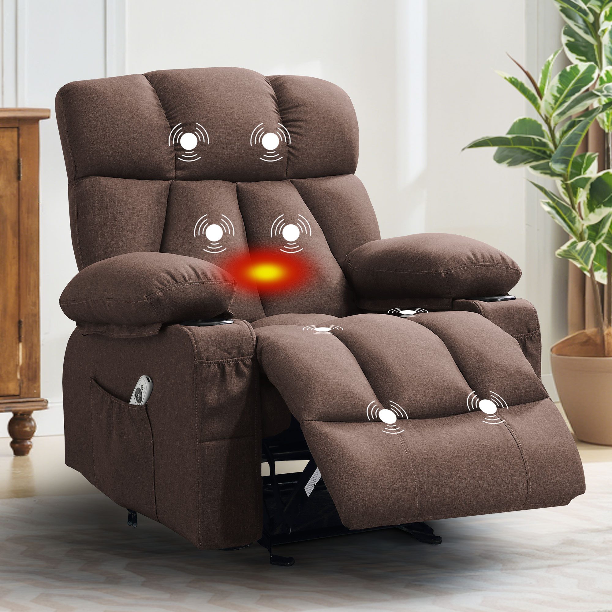 bosmiller Relaxsessel Elektrisch Massagesessel mit Wärmefunktion,Fernsehsessel Liegefunktion (1-St), mit 2 Seitentaschen Getränkehalter, 360°-Drehung für Wohnzimmer