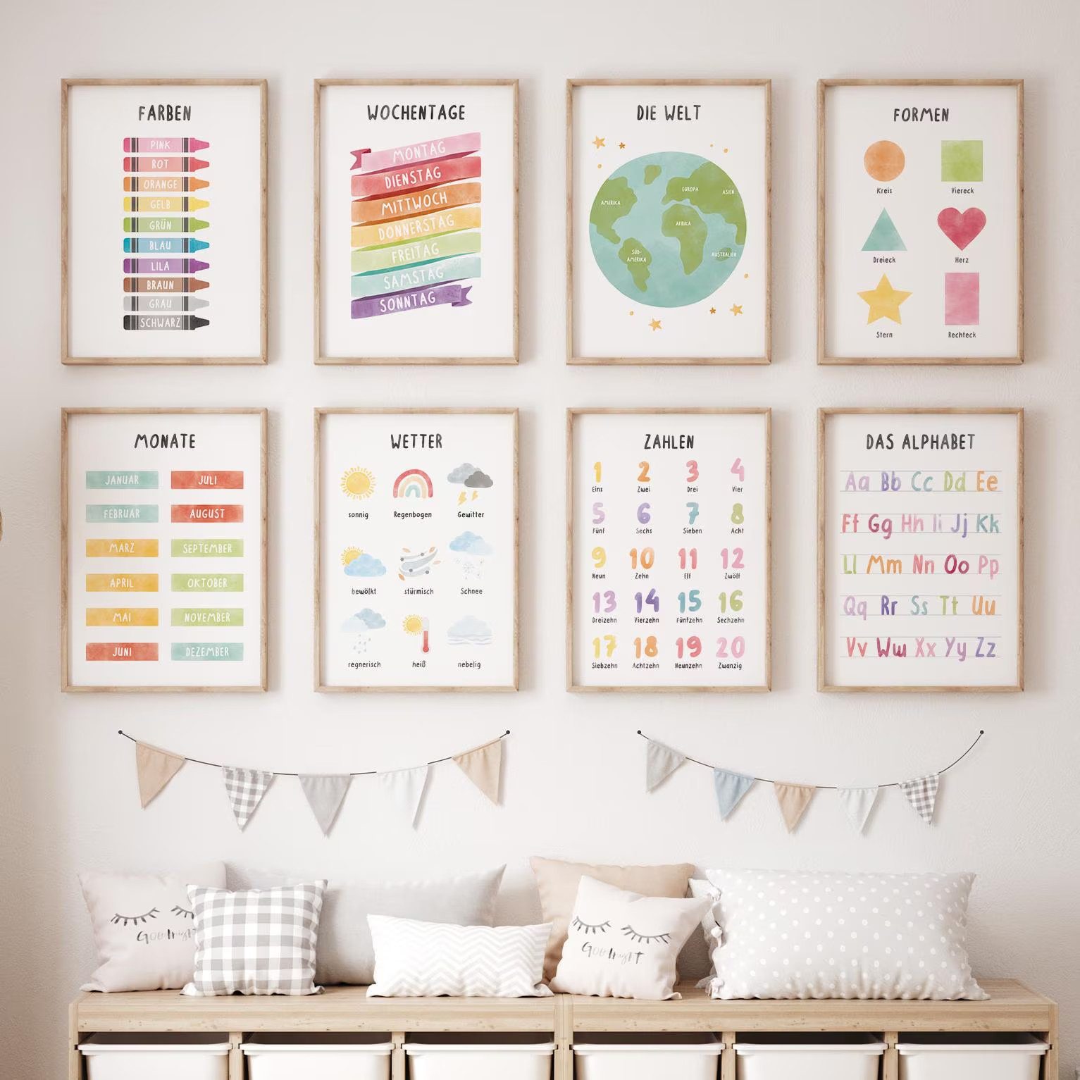 MeinBaby123® Poster Lernposter, Bilder Kinderzimmer Deko, Buchstaben, Alphabet, Zahlen, Mathe, Formen