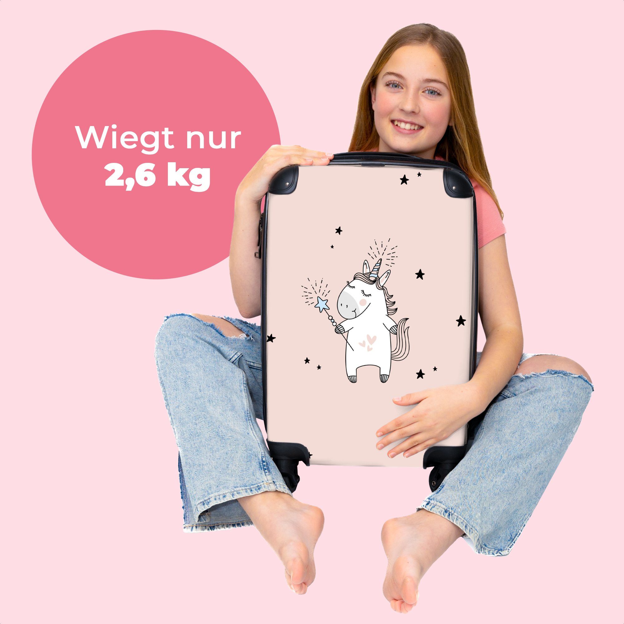 Koffer Mädchen Sterne Kindertrolley, - Einhorn NoBoringSuitcases.com© - Ferien, - Rollen, Reisetasche rollen, 4 - 55x35x20cm Kinderkoffer Rosa mit Design, für Handgepäck