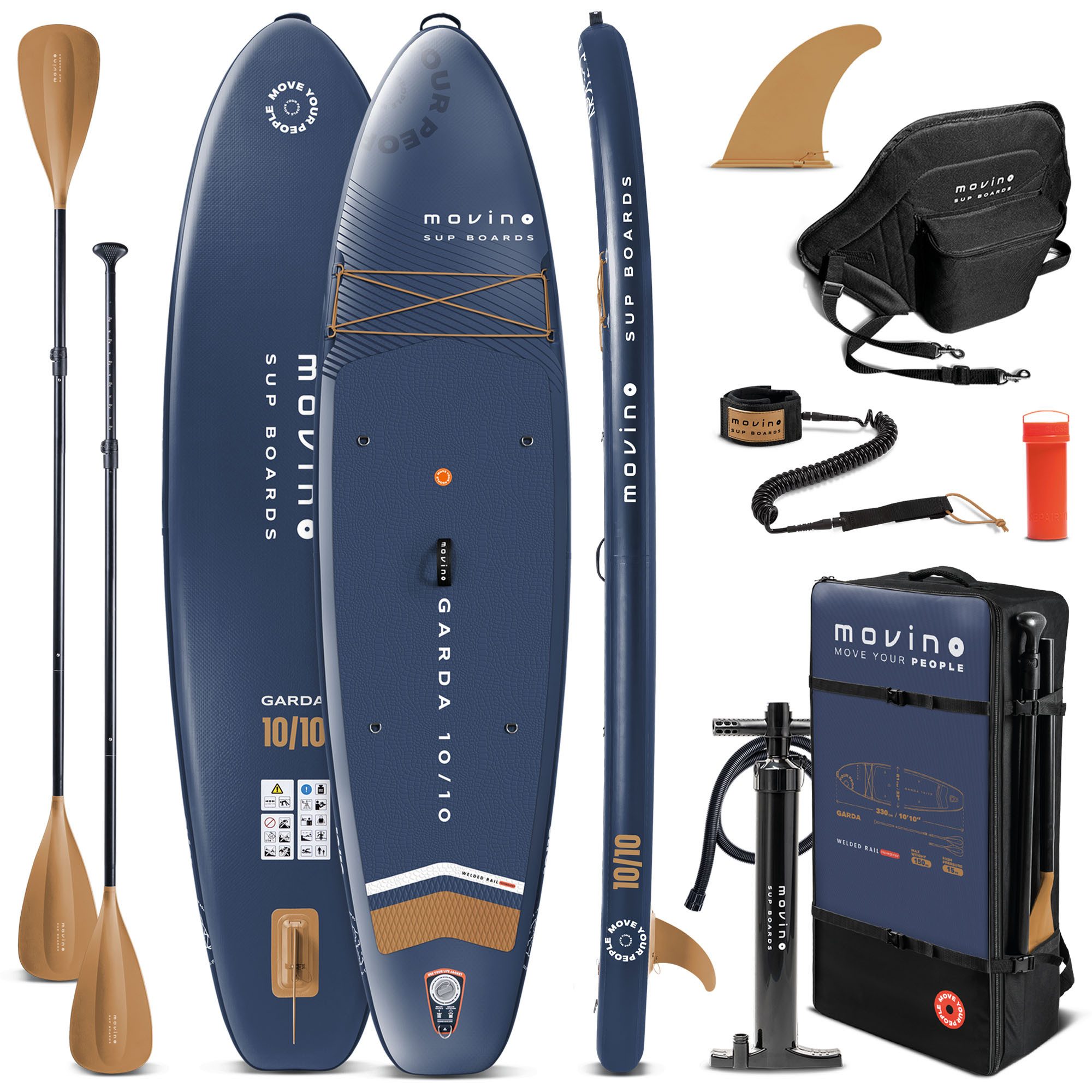 Movino SUP-Board MOVINO GARDA 2in1 Set geschweißte Kanten Traglast 150 kg, All-Round, (Board, Rucksack, Pumpe, Leine, Finne, Paddel, Kajaksitz, Reparaturset)