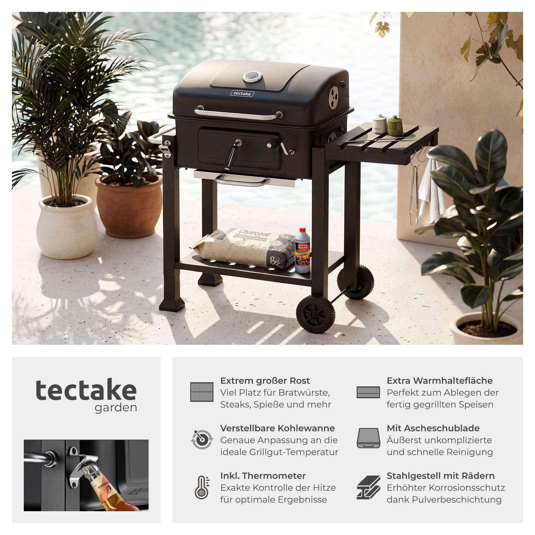 tectake Holzkohlegrill Grillwagen mit 2 Rädern, regulierbare Luftzufuhr, 110 x 64 x 104 cm, Standgrill Florian, in schwarz, mit Thermometer, Warmhalterost und klappbare Seitenablage mit 3 Haken