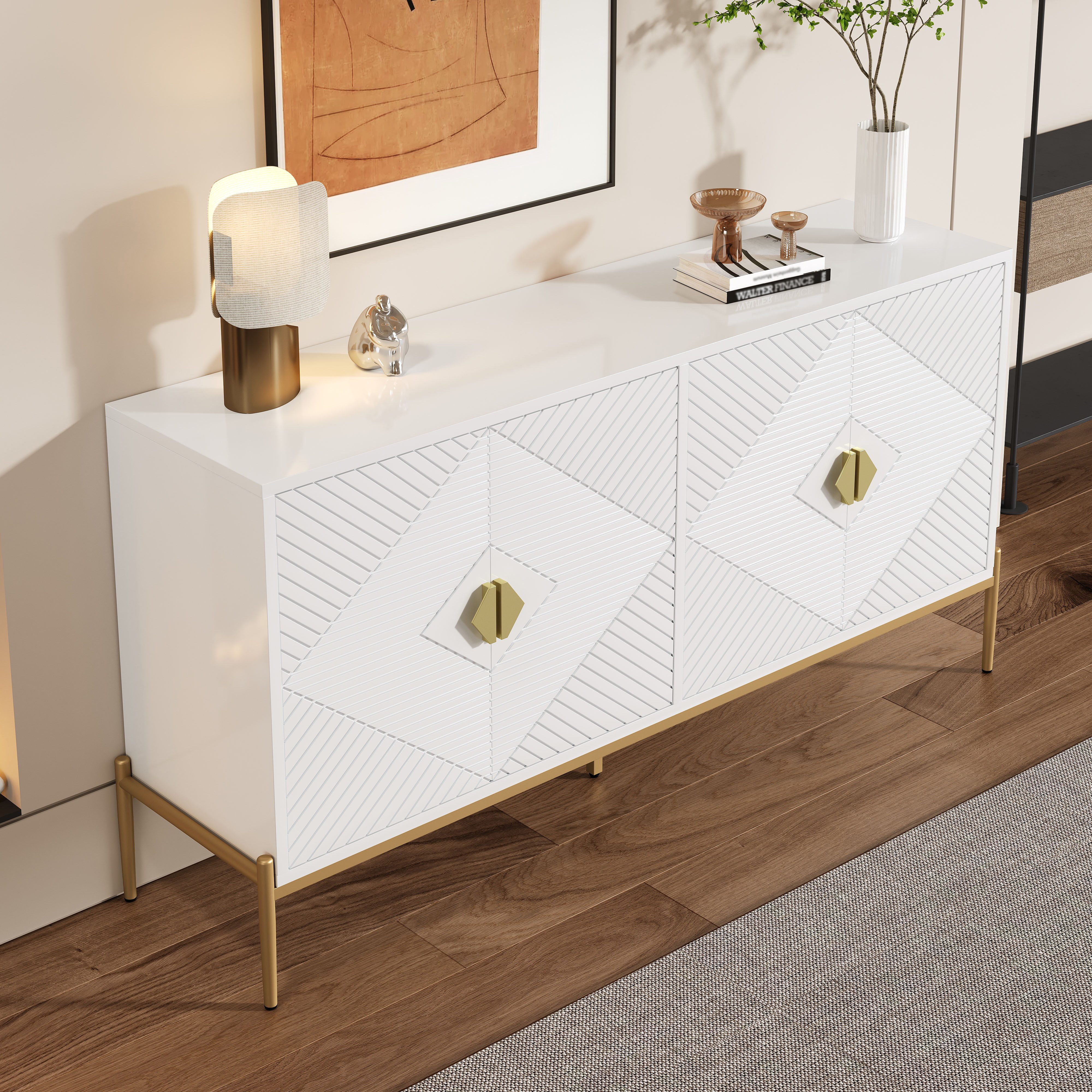 STILVORA Sideboard mit Metallbeine,Beistellschrank Aufwahrungsschrank mit goldenen Griff (Kommode, Buffetschrank, Wohnzimmerschrank, 1 St., 162 x 40 x 80 cm), Goldene Griffe und Metallbeine