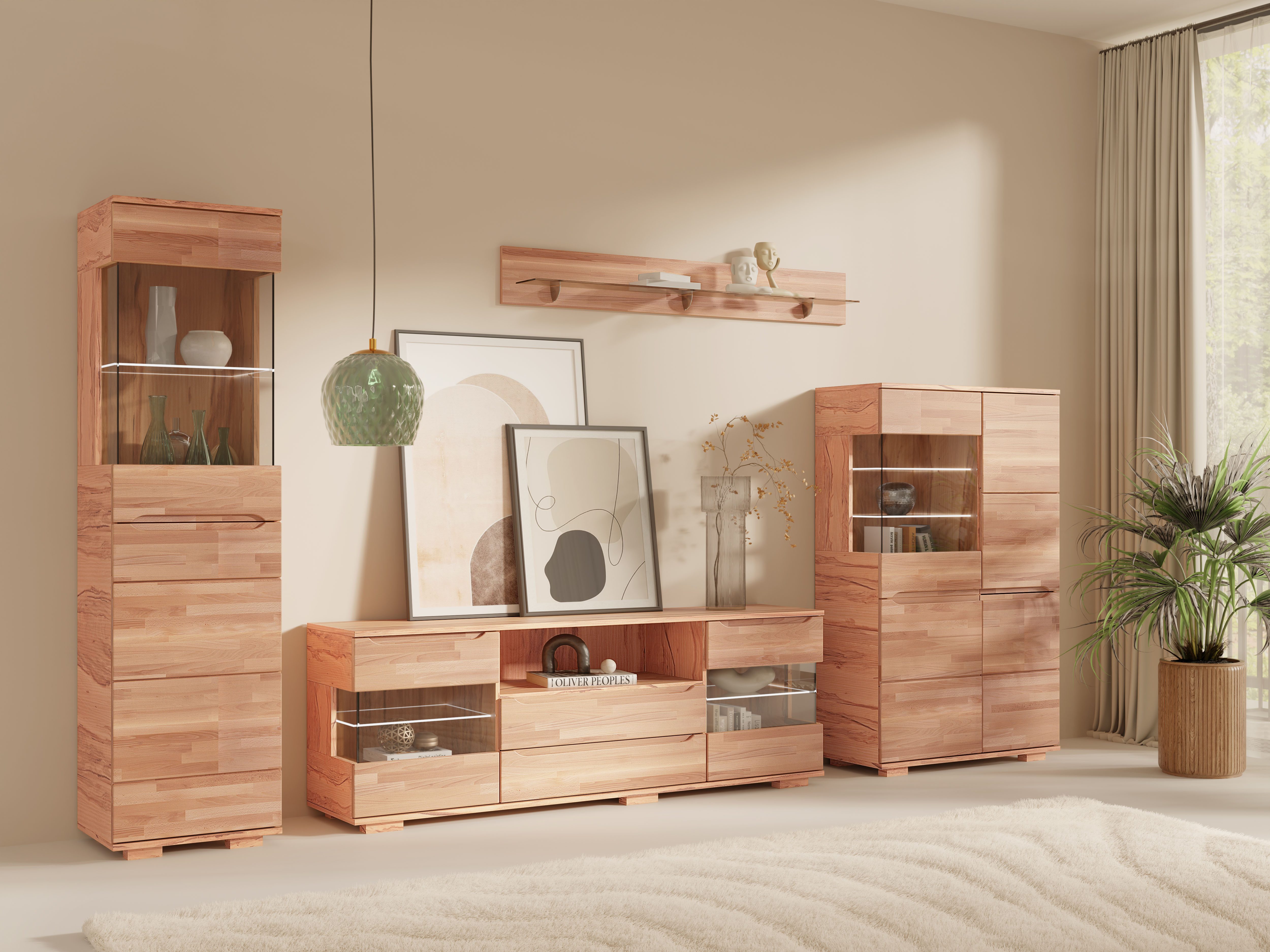 OTTO home Wohnwand VETRO: besteht aus 2 Vitrinen, 1 Sideboard & 1 Wandregal, Wohnzimmer., (4-St), Breite:320cm, Türen mit Glaseinsätzen, Kabeldurchführung in Sideboard