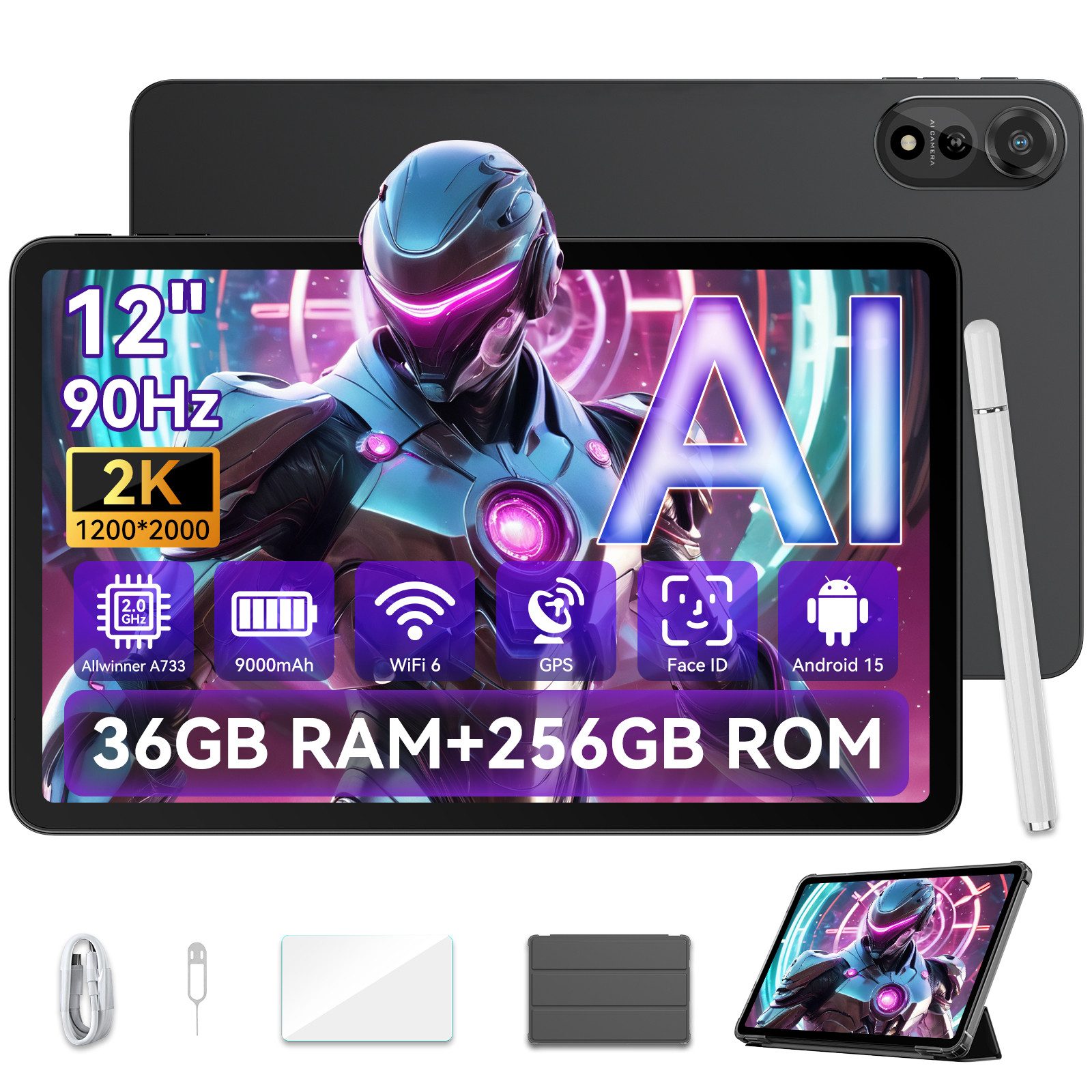 blackview Mega2wifi 2025 12 Zoll, 2K, Android 15 incl. Stift, Schutzhülle Tablet (12", 256 GB, 2K, Android 15, 9000mAh, 256GB, AI)