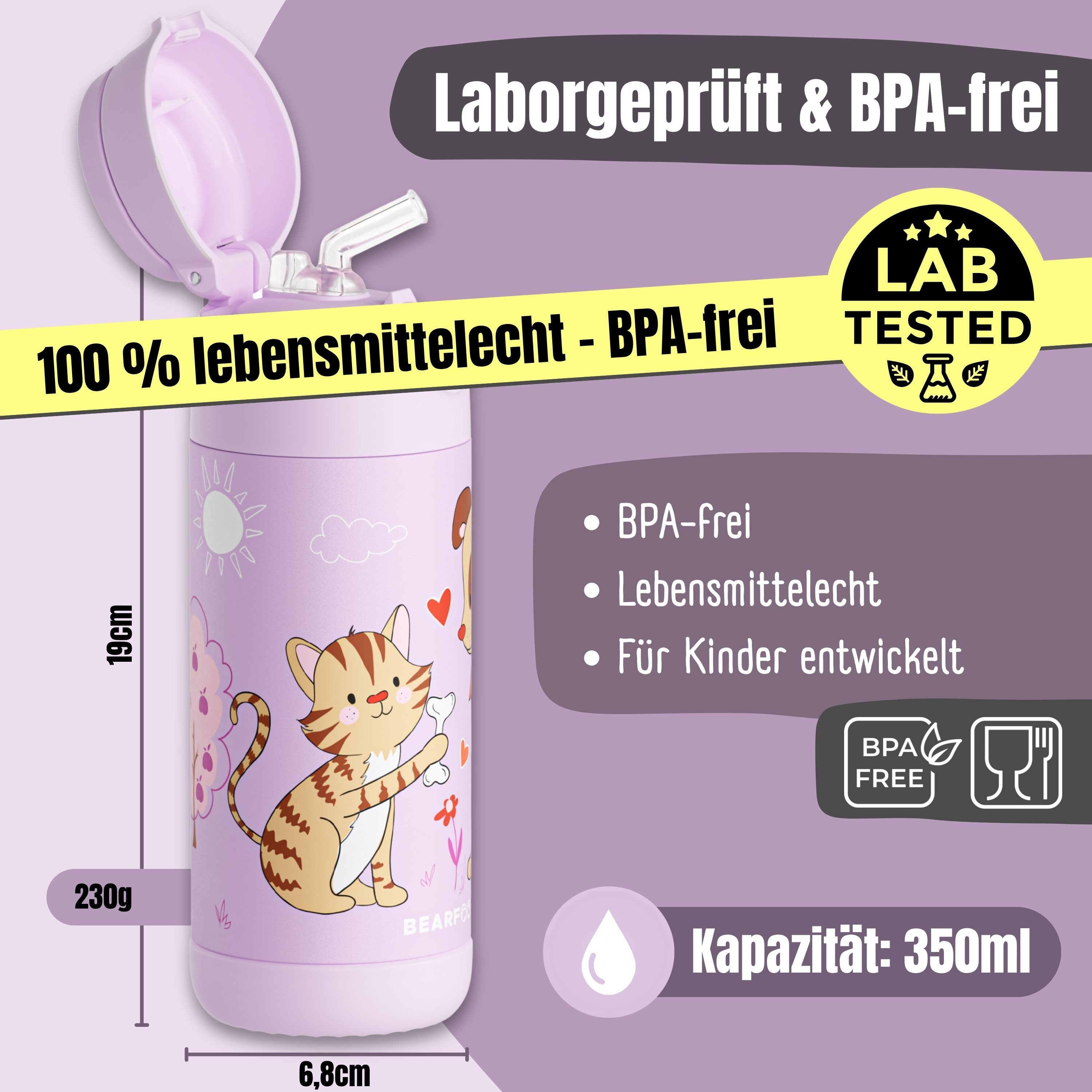 BEARFOOT Trinkflasche Thermo Kinder Trinkflasche Edelstahl - Hund & Katze lila, Thermosflasche, auslaufsicher, Edelstahl, Kinderflasche, BPA-frei – Bild 5 von 5