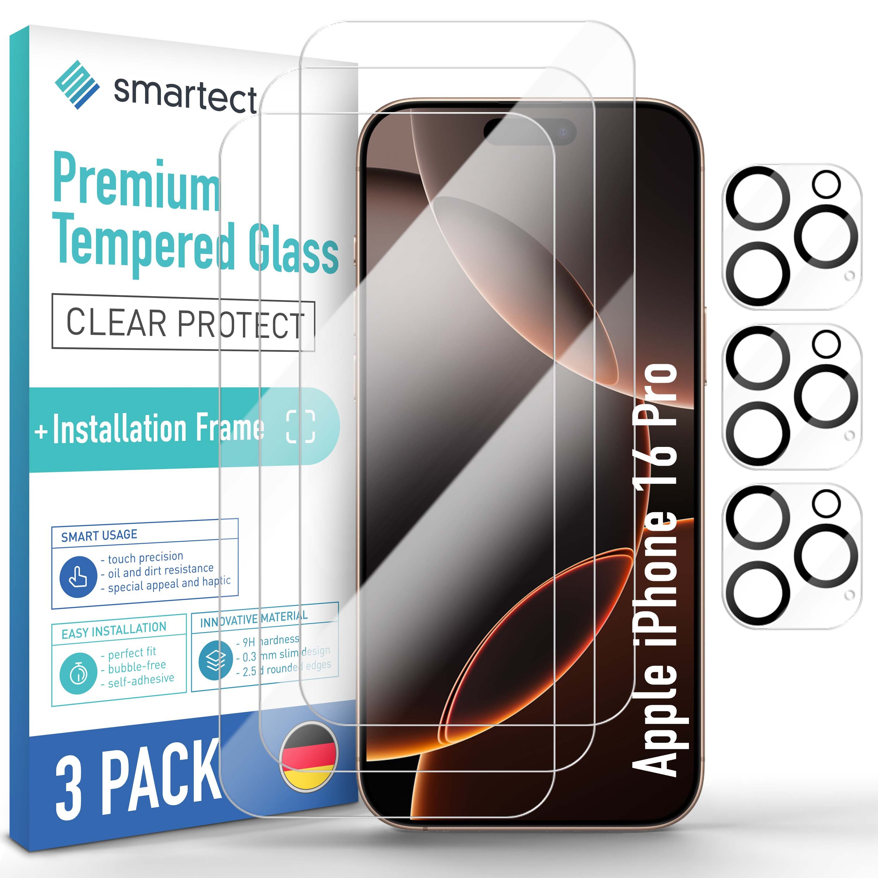 smartect Displayschutzglas Schutzglas Panzerfolie 3 + 3 Stück für iPhone 16 Pro (Display+Kamera) für Apple iPhone 16 Pro, Set, 3 Stück, inkl. Anbringhilfe, 0.3 mm Ultra-klar, 9H Härte, Kratzfest, Stoßfest