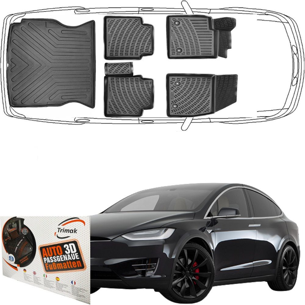 Trimak Passform-Fußmatten Oder Kofferraumwanne Oder Set kompatibel mit Tesla Model X 5 Sitzer, Tesla Model X 5 Sitzer ab 2015 Gummimatten Auto & Kofferraummatte