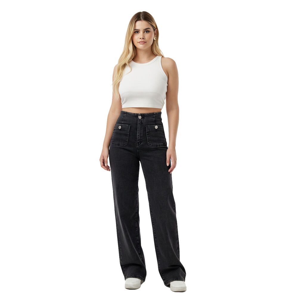 Ital-Design Weite Jeans Moderne Damen Jeans mit lockerer Passform und Taschen (90861173) Used-Look Stretch High Waist Jeans in Schwarz – Bild 5 von 5
