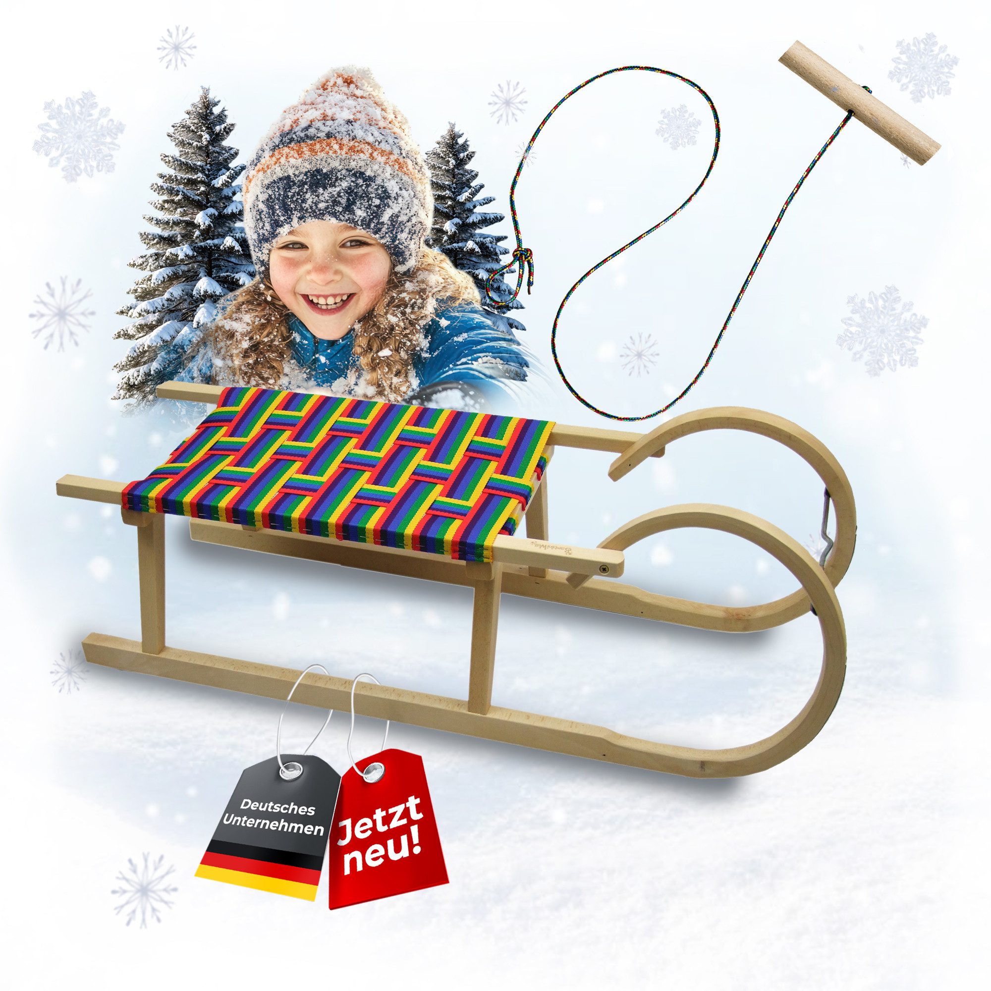 BambiniWelt by Rafael K. Schlitten CE-Hörnerrodel Holzschlitten Hornschlitten mit Zugseil bunt