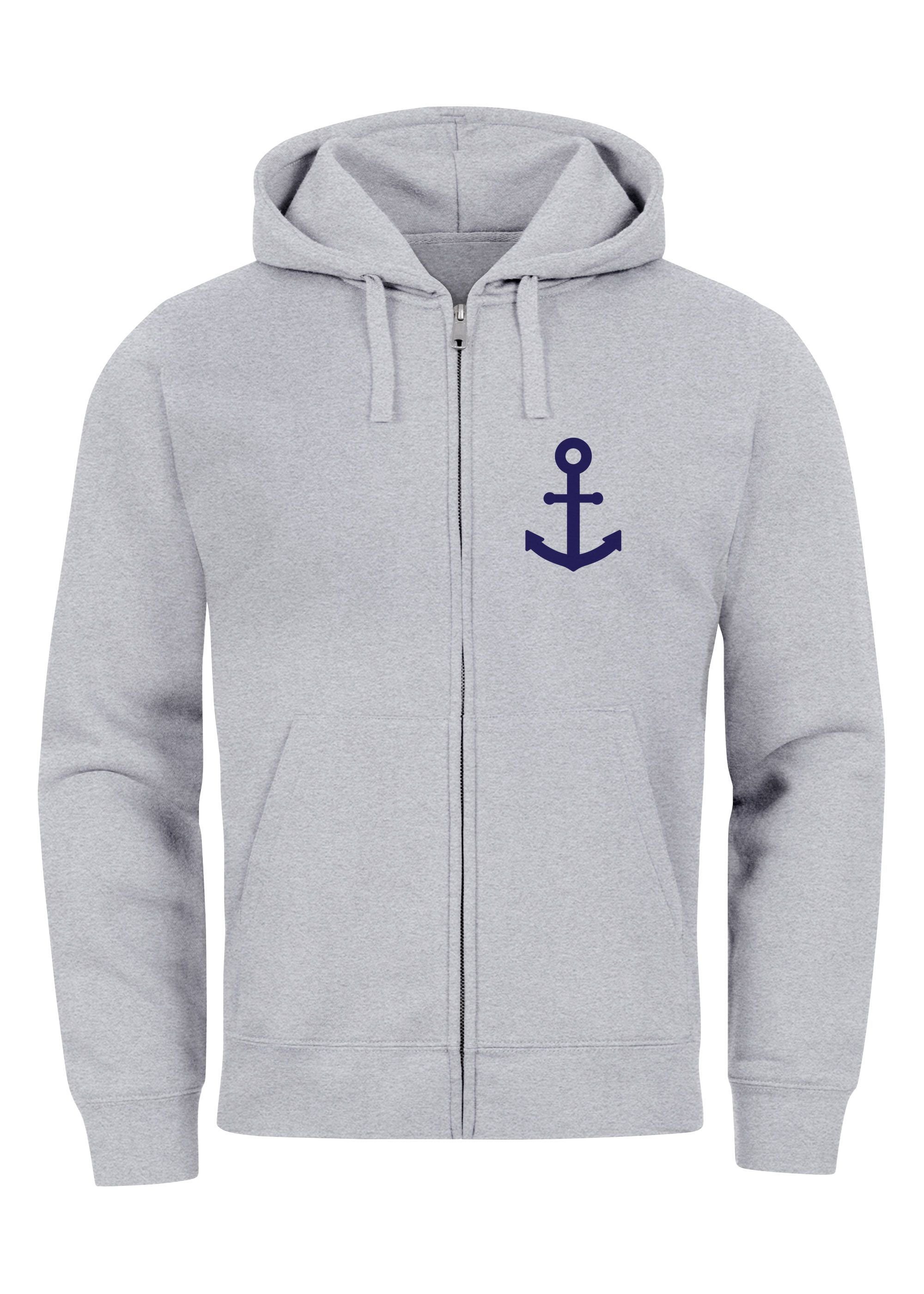 Sweatjacke grau-melange Männer Logo Kapuze mit Neverless Herren Print Sweatjacke Fashio Zip-Hoodie Anker