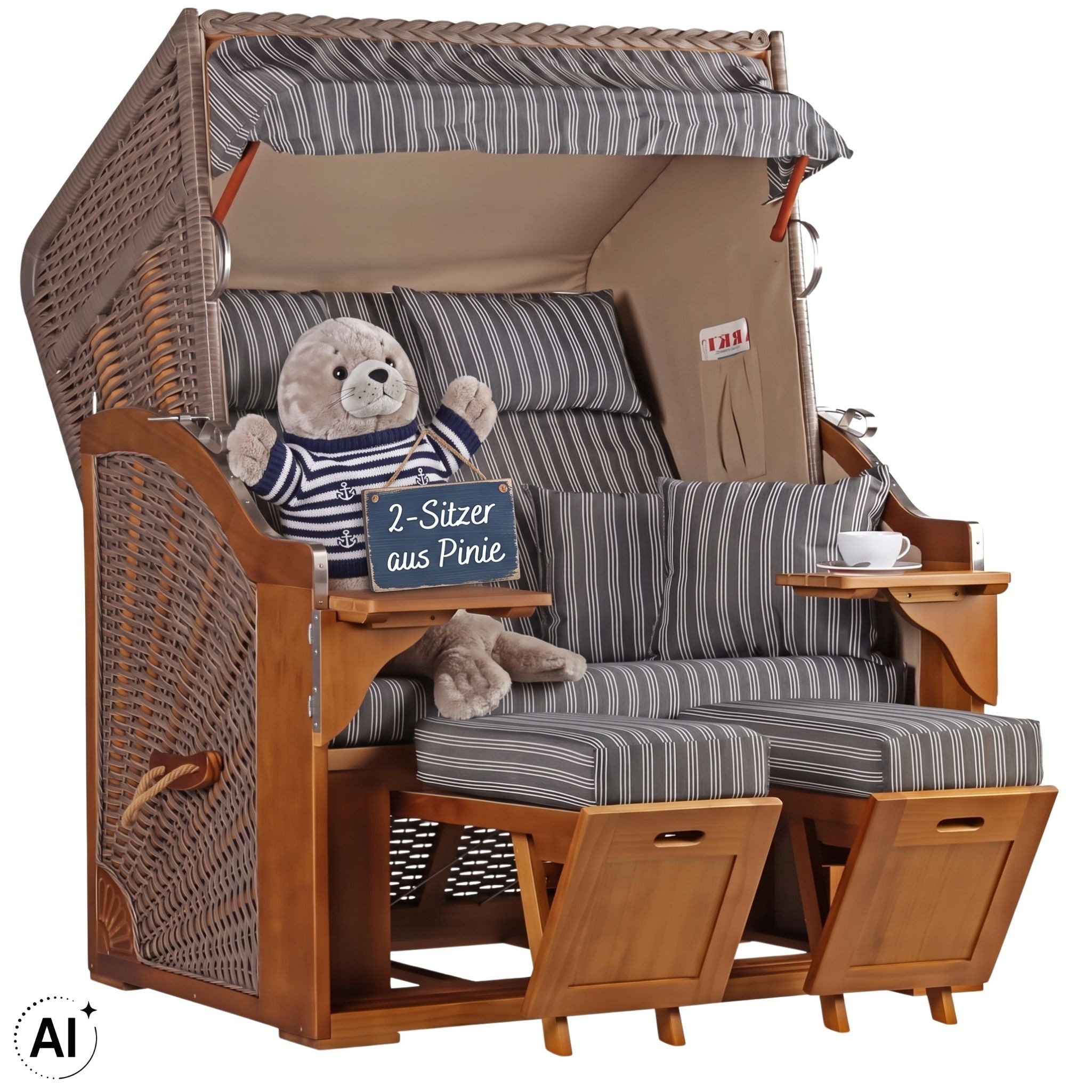 MR.DEKO Strandkorb 2-Sitzer Schleswig Pinie Braun PE Mokka, aufgebaut geliefert, BxTxH: 120x80x160 cm, 2-Sitzer, Schleswig, (Zweisitzer Strandkorb mit Bistrotischen & Fußstützen), Bereits montiert, UV-beständig, Volllieger & Edelstahl-Beschläge