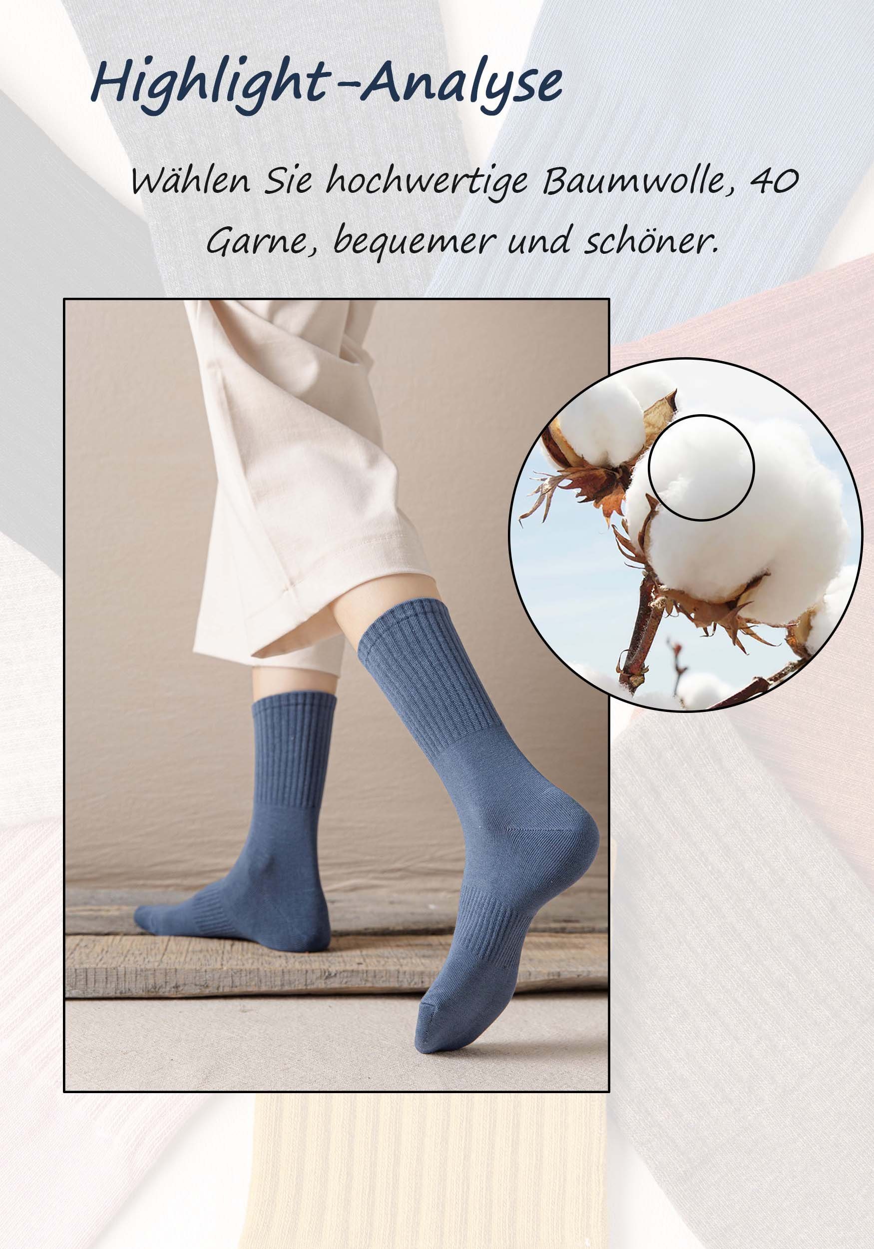MAGICSHE Socken Damen einfarbig 100% Basicsocken Baumwolle hohes (4-Paar, 4-Paar) Blau