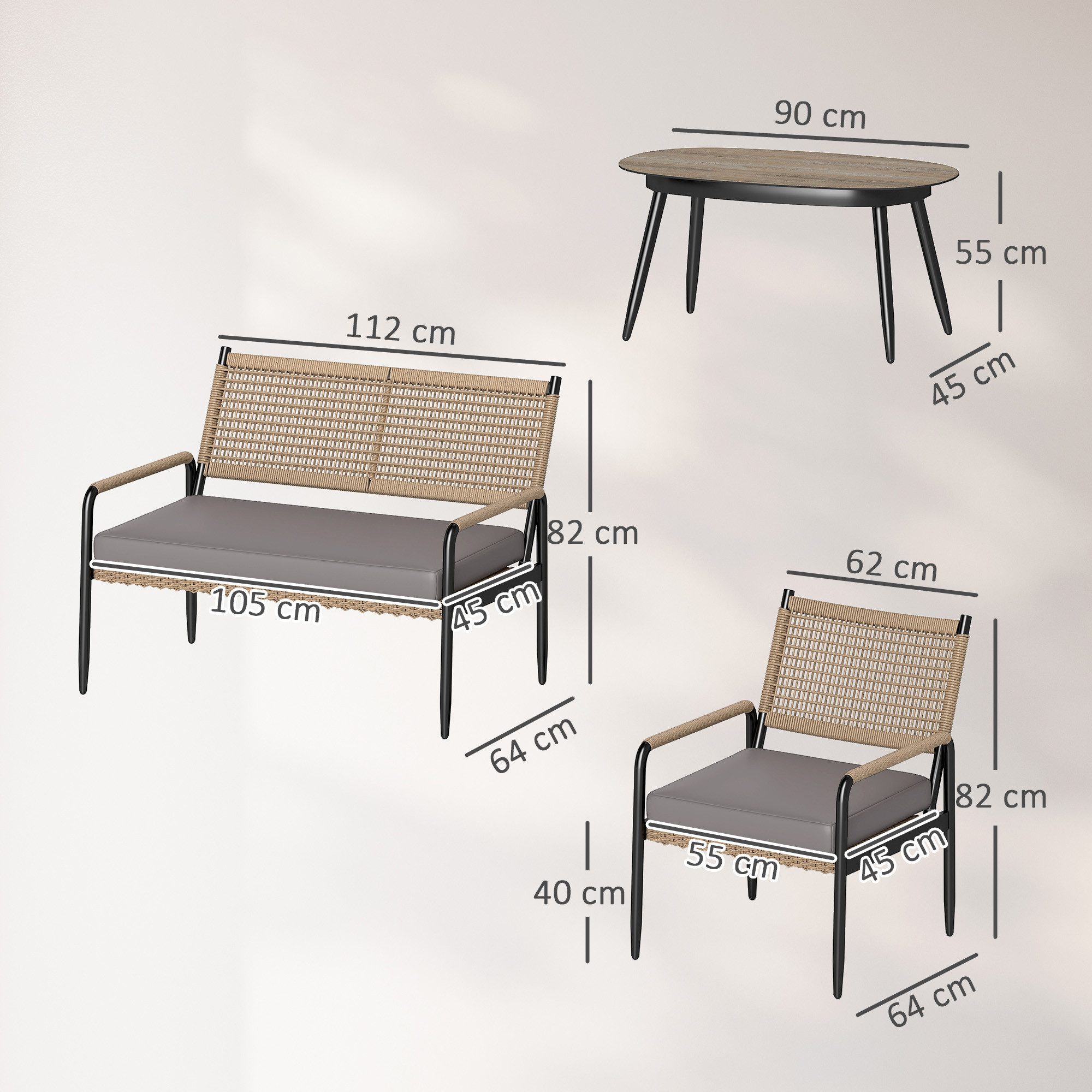 Outsunny Sitzgruppe mit 2er Sofa, Sessel, Glastisch, Kissen, (Gartenmöbel Set aus Polyrattan, 4-tlg., Lounge-Set für 4 Personen), für Garten Balkon, Dunkelgrau+Gelb