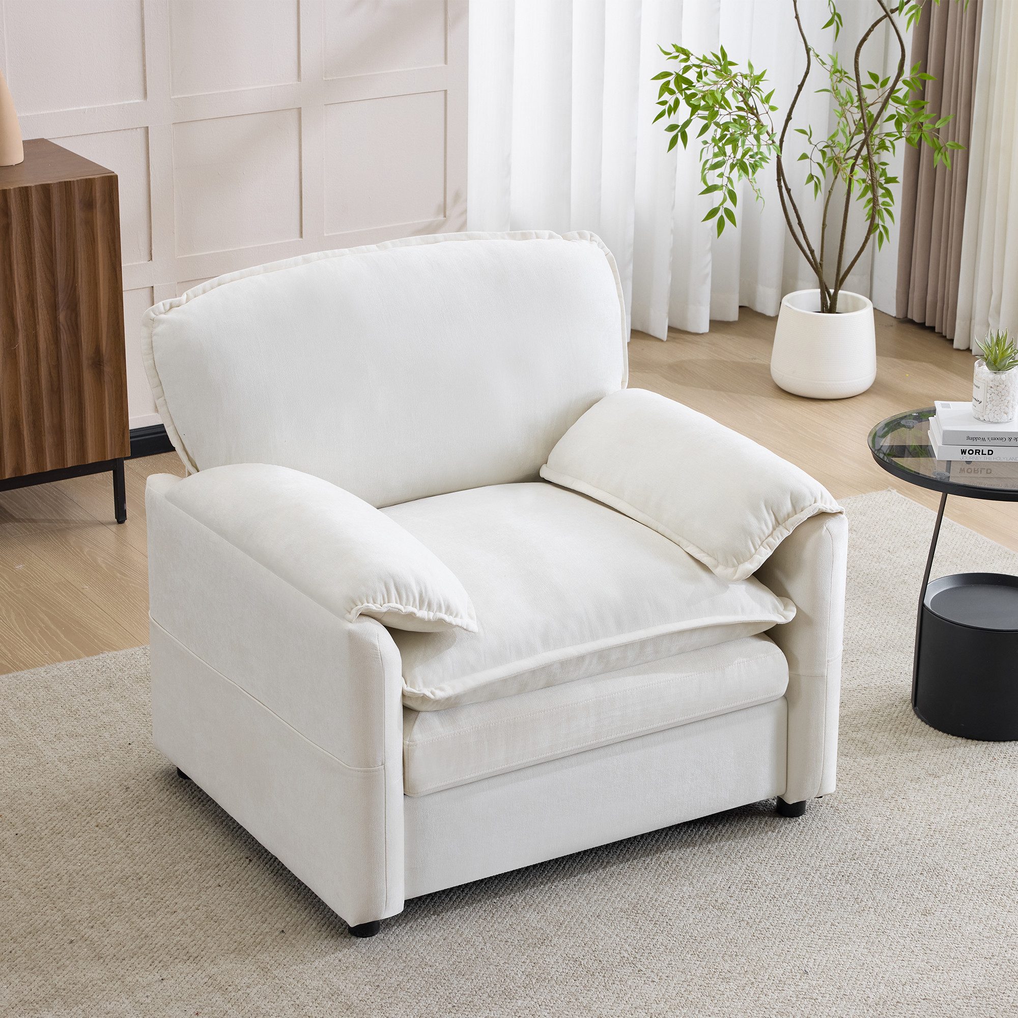 HAUSS SPOLE Loungesofa mit doppelter Aufbewahrungstasche,Retro-Einzelsofa Loungesessel,Weiß, Chenille-Sitzsacksofa mit Stauraumtaschen für Wohnzimmer und Schlafzimmer, Freizeitsofa Polstersofa mit Komfortfüllung