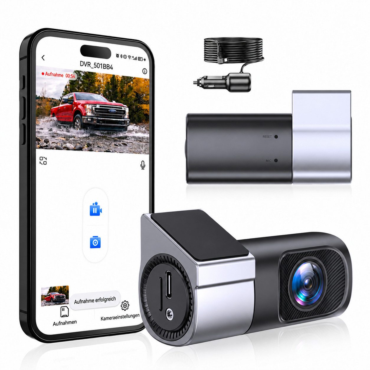 Lisabonde Mini Dashcam (Full HD, WLAN, inkl. 32 GB microSD-Karte, 360° drehbar)