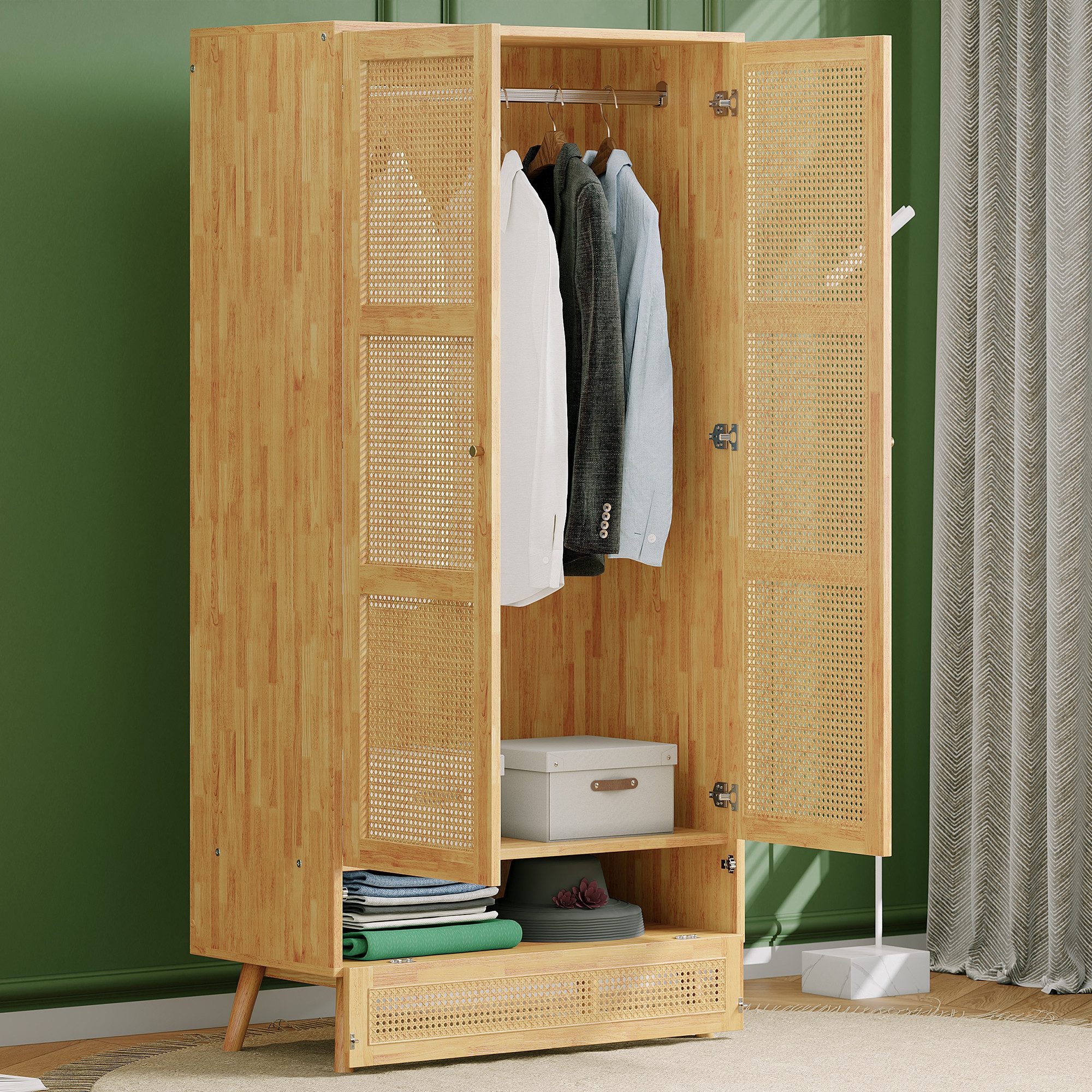 BlingBin Kleiderschrank Garderobenschrank Hängeschrank Drehtürenschrank mit Stange (Aufbewahrungsschrank mit 2 Türen und 1 Unterem Flip-Top-Deckel, Rattannetz, Rattan-Optik, 1-St., Gesamtgröße: 90x45x183cm, Tragfähigkeit: 50kg) Mehrzweckschrank für Schlafzimmer, Spanplatten+PE-Rattan, Natur