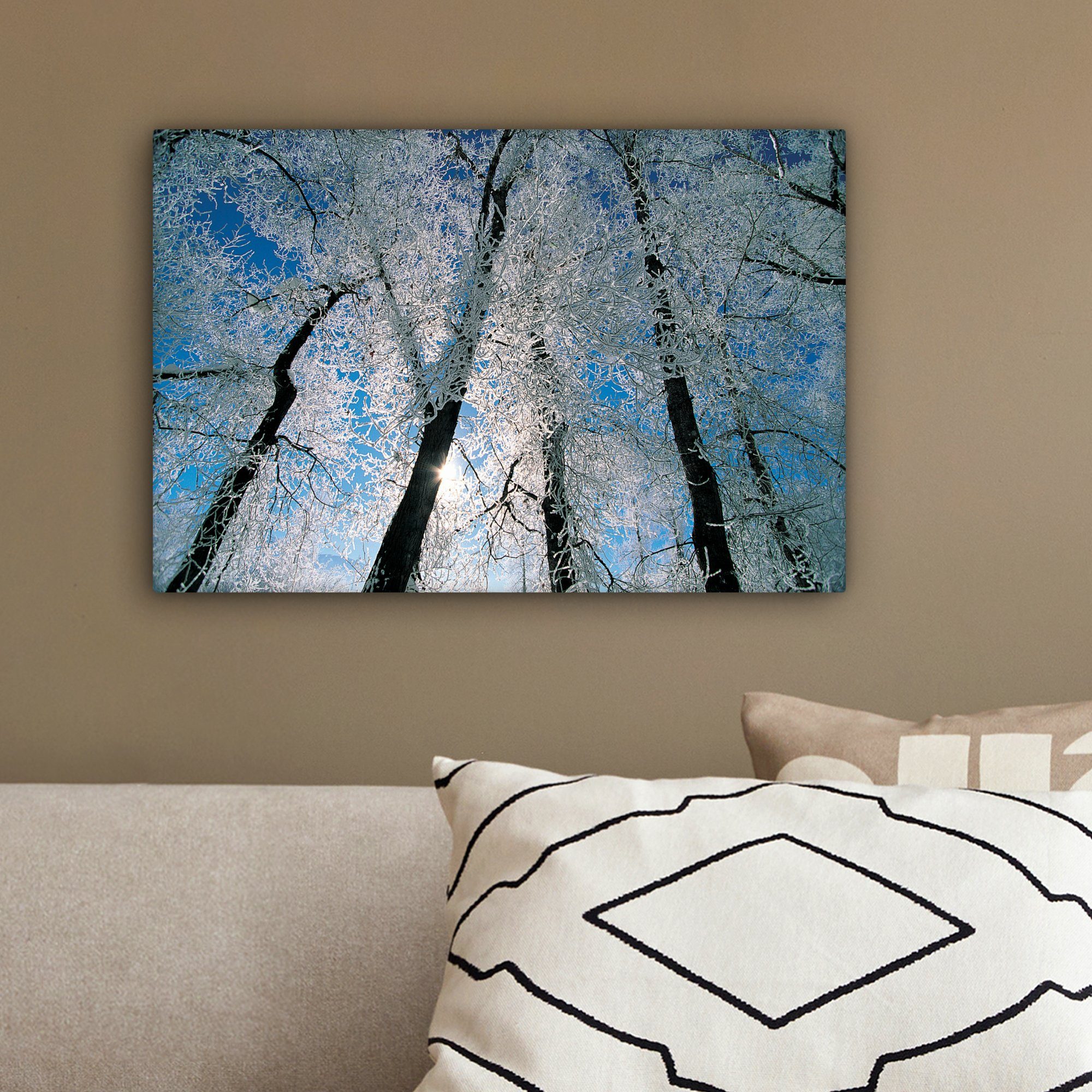 OneMillionCanvasses® Leinwandbild Aufhängefertig, Bäume, Leinwandbilder, 30x20 cm Wanddeko, St), Wandbild Frost (1 Von bedeckte