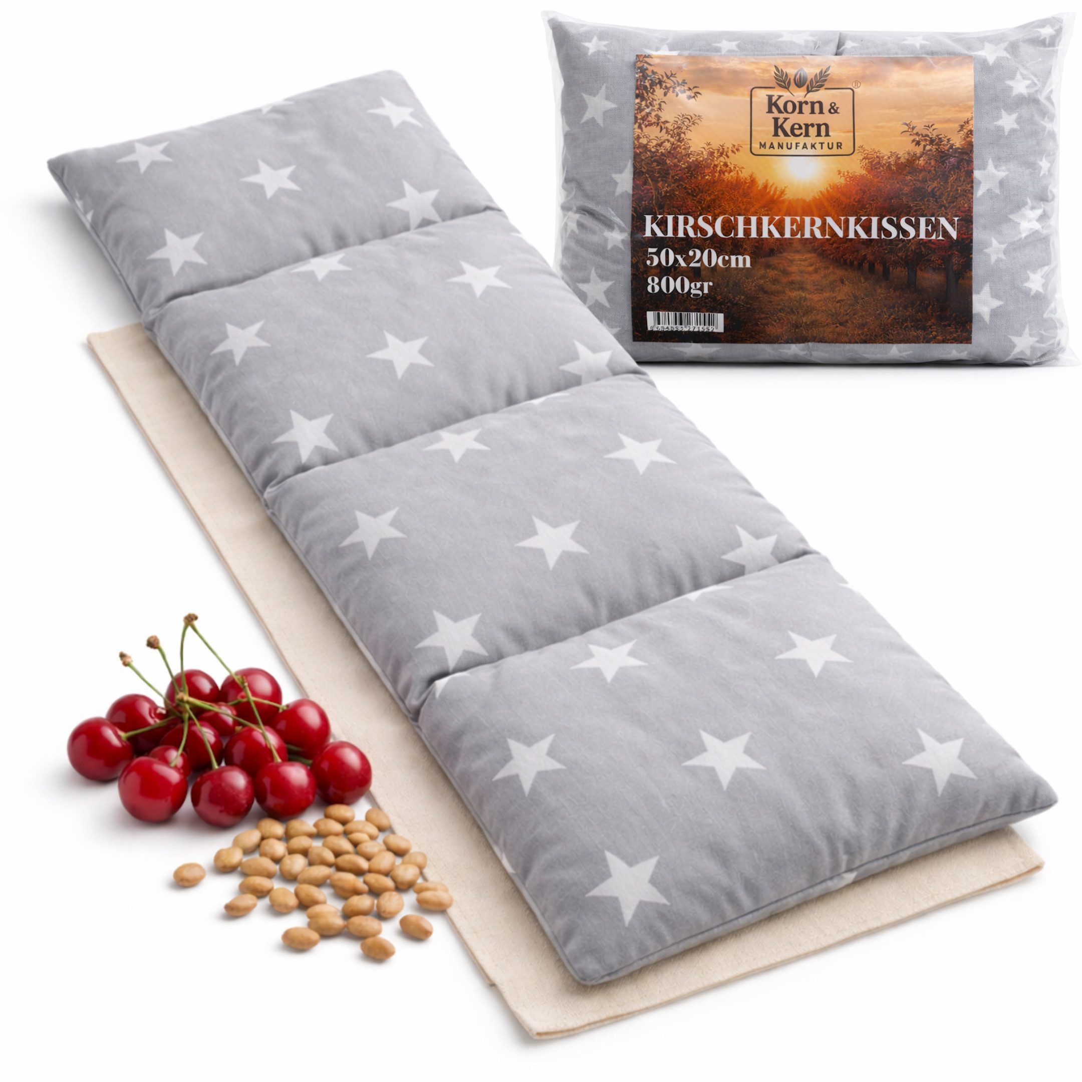 Korn & Kern Manufaktur Wärmekissen Kirschkernkissen Wärmekissen 20x50 cm – 800 g – Mikrowellengeeignet, (1-tlg), – Natürlich – Sternenmuster – Heißwasserflaschen-Alternative