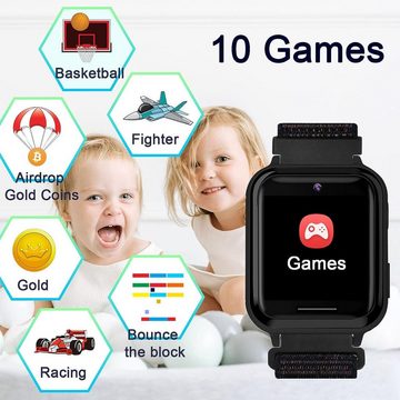 PTHTECHUS Smartwatch (1,54 Zoll, Android iOS), Telefon Uhr für Kinder 10 Spiele MP3 Musik Anruf Taschenlampe kamera