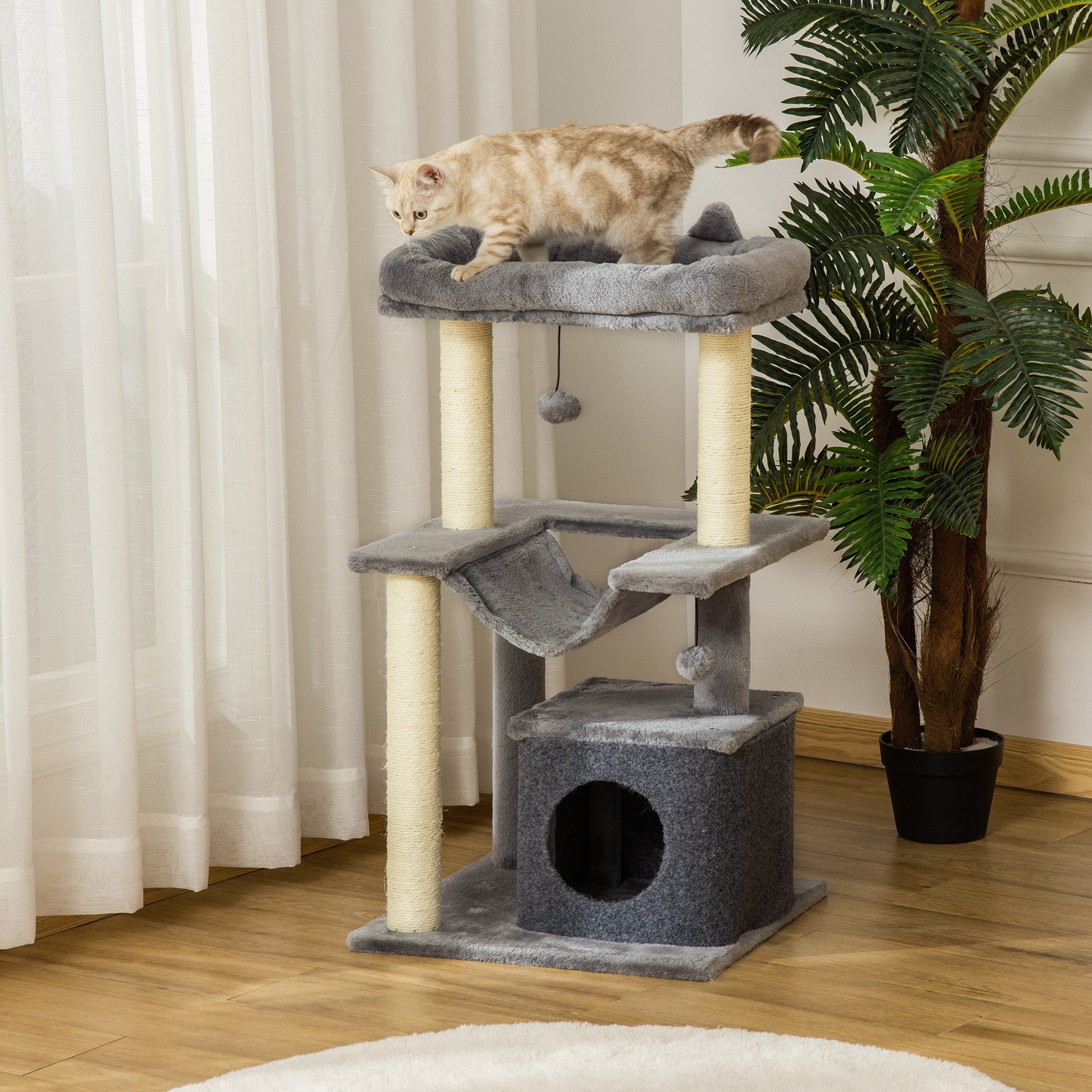 PawHut Kratzbaum Katzenturm mit Hängematte, Kletterbaum, für Katzen unter 4 kg, Plüsch, Sisal Grau, 48 x 48 x 90 cm von PawHut