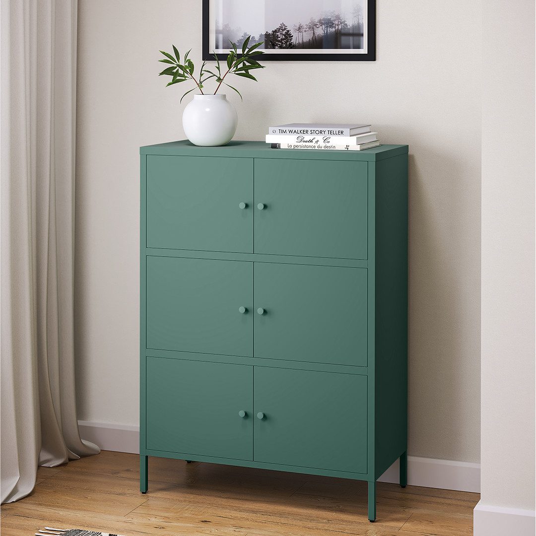 skølm Kommode Atriona aus Metall, Metallschrank mit Türen und Fächern (Dunkelgrün, 3 Fächer & 6 Türen), 113,5 x 80 x 38 cm, auch mit 2 Fächern