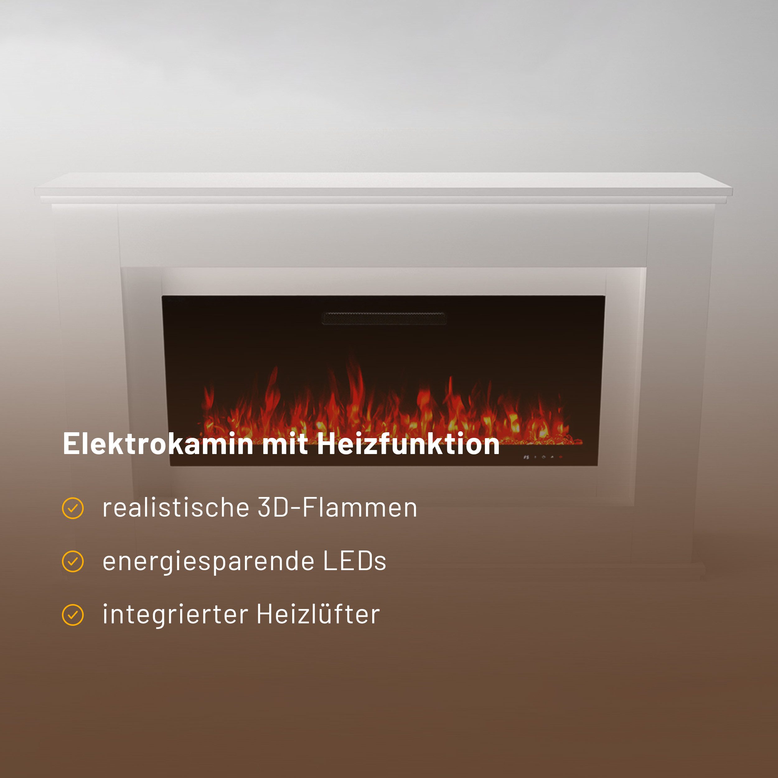 GLOW FIRE Elektrokamin RHEA LED Kamin mit Heizung, Elektrischer Kamin mit 3D Feuer mit Heizung, 2 Dekorationen