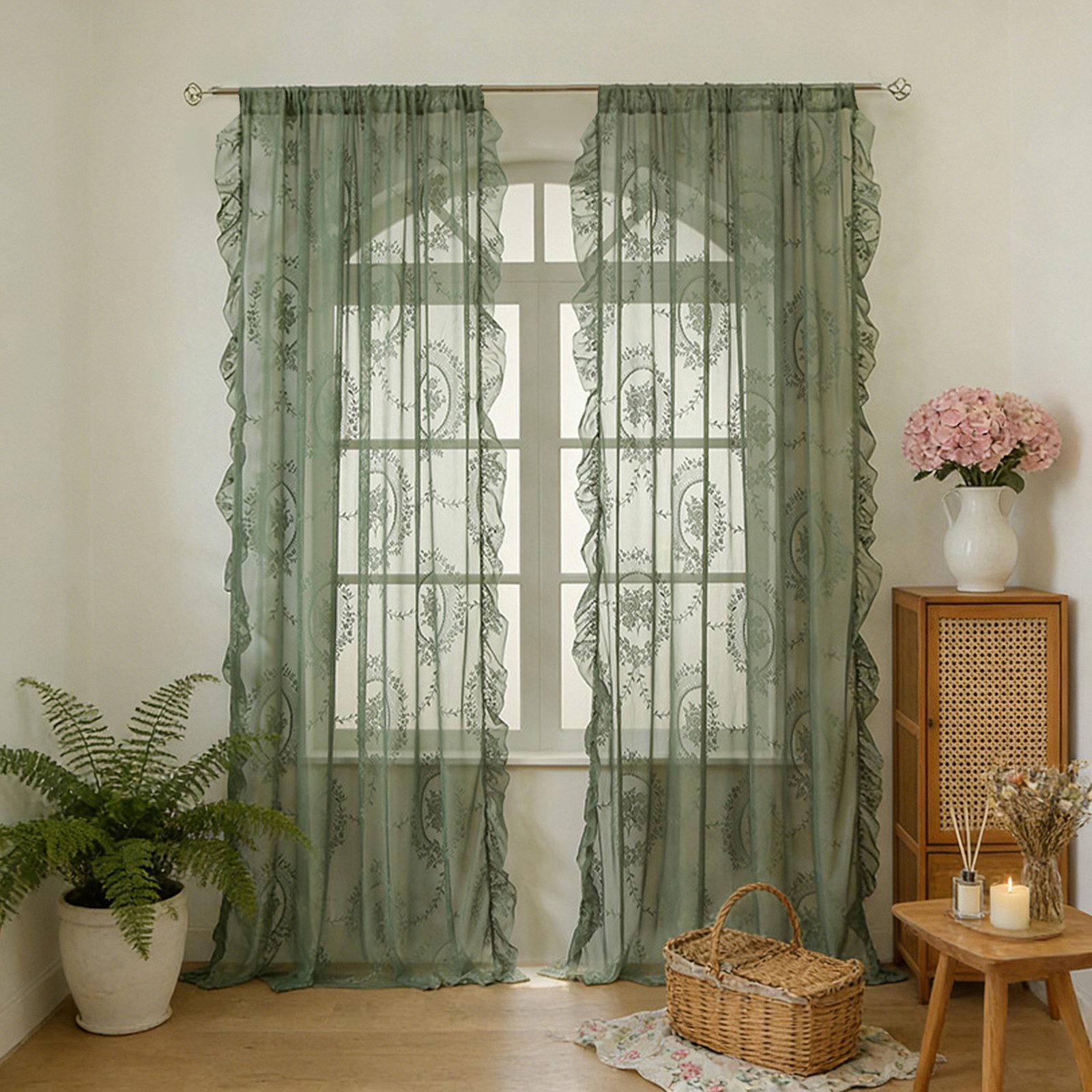 Qelus Gardine Voile Gardinen Transparent Vorhänge Kräuselband für Innen Außen (2 St), 2er Set Rüschenvorhänge Vintage-Tüll, Blumenspitze Shabby-Chic-Dekor