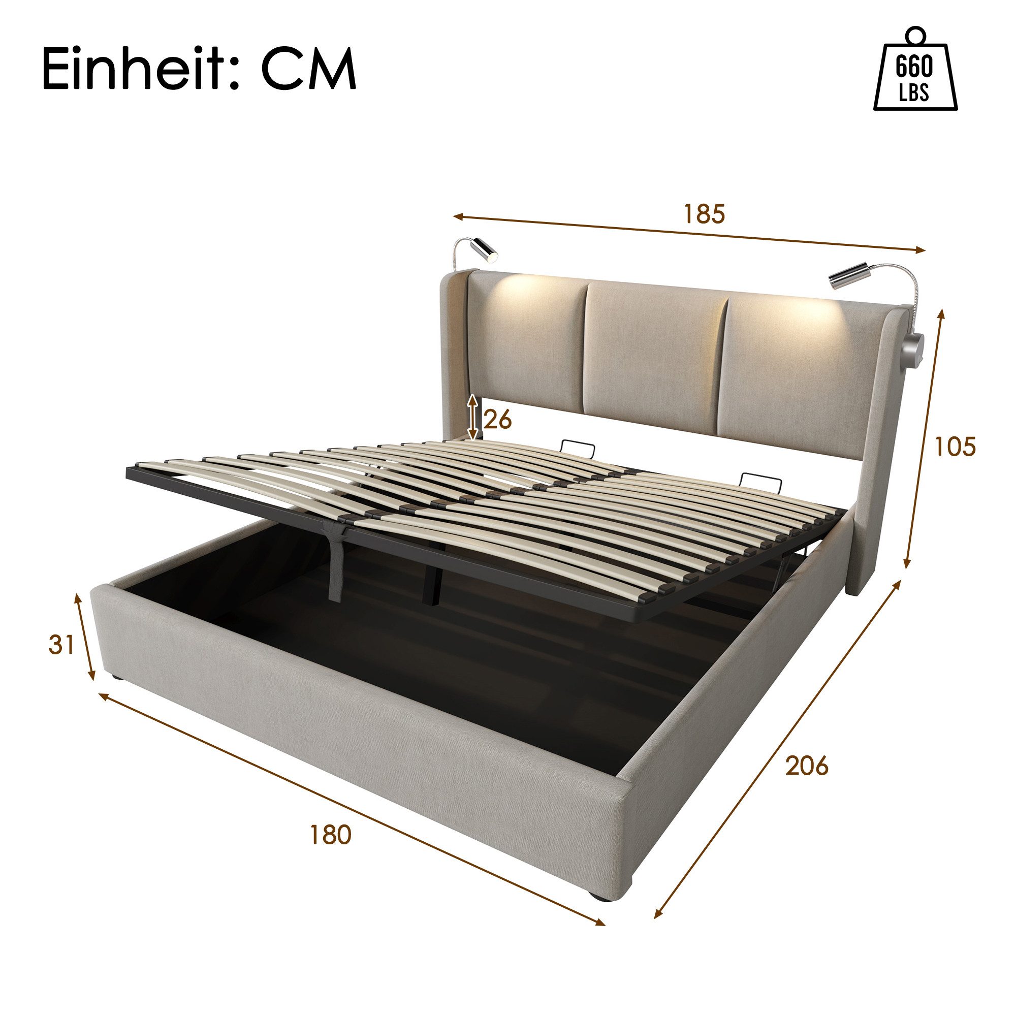 TavilaEcon Polsterbett Doppelbett mit Ladefunktion Kopfteil und Lattenrost (1-tlg), ohne Matratze, 180x200cm, beige – Bild 4 von 5