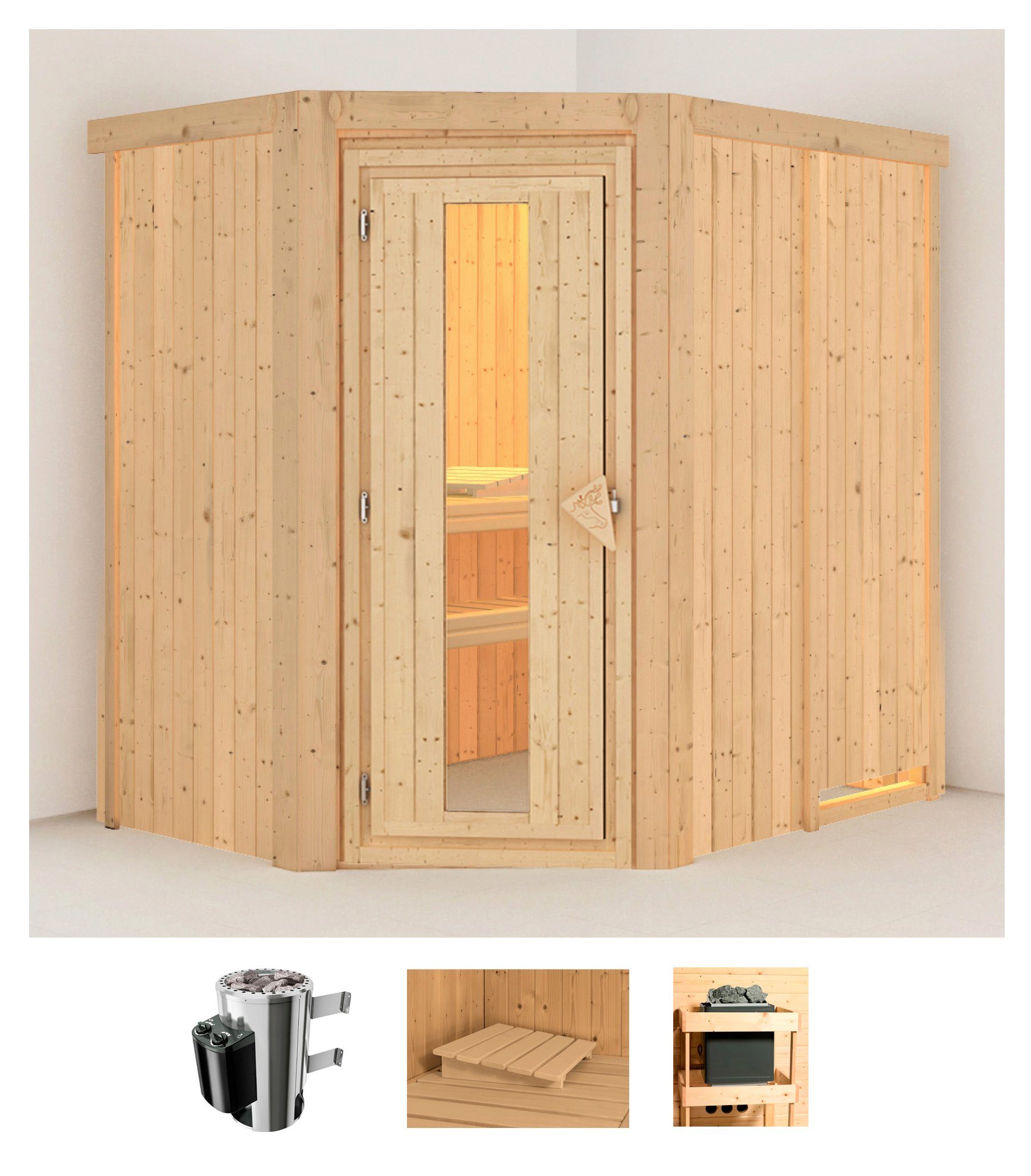 Karibu Sauna Swantje, BxTxH: 151 x 196 x 198 cm, 68 mm, (Set) 3,6-kW-Plug & Play Ofen mit integrierter Steuerung