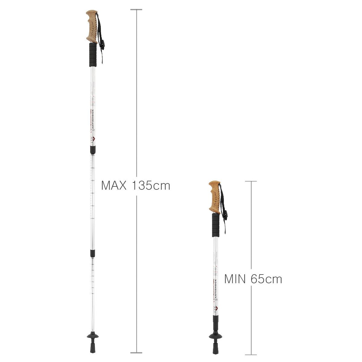 MidGard Nordic-Walking-Stöcke Wanderstоck 65-135cm Teleskop Antischock Stock Korkgriff Dämpfung (1 St), Leicht, mit ergonomischen Korkgriffe