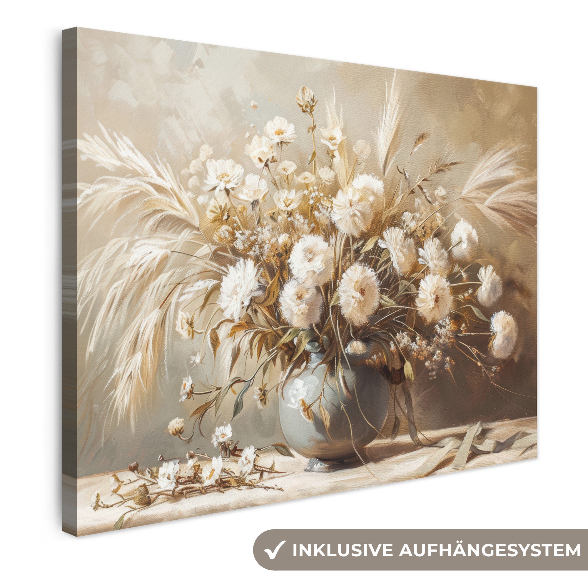 OneMillionCanvasses® Leinwandbild Blumen - Vase - Stilleben - Beige, Fotodruck (1 St), Leinwand Bilder für Wohnzimmer Schlafzimmer 80x60 cm