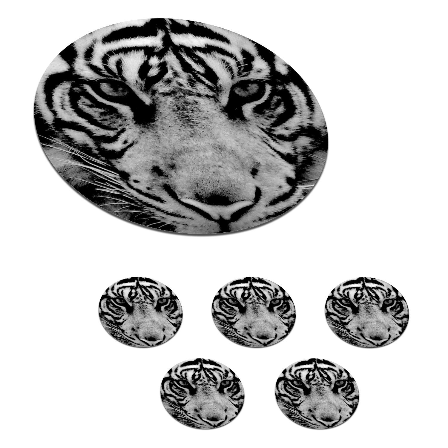 MuchoWow Gläser, für schwarz Korkuntersetzer, Zubehör und in weiß, Getränkeuntersetzer, Sumatra-Tiger vor schwarzem Hintergrund Tasse, Glasuntersetzer Becher 6-tlg., Tassenuntersetzer,