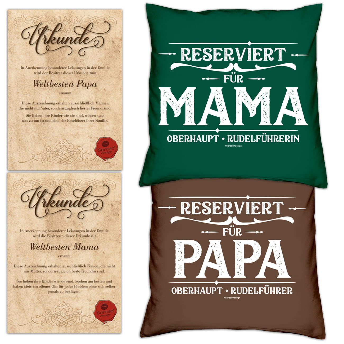 Soreso® Dekokissen Kissen-Set Reserviert für Papa Reserviert für Mama mit Urkunden, Geschenk Mama & Papa Geschenke Mitbringsel dunkelgrün