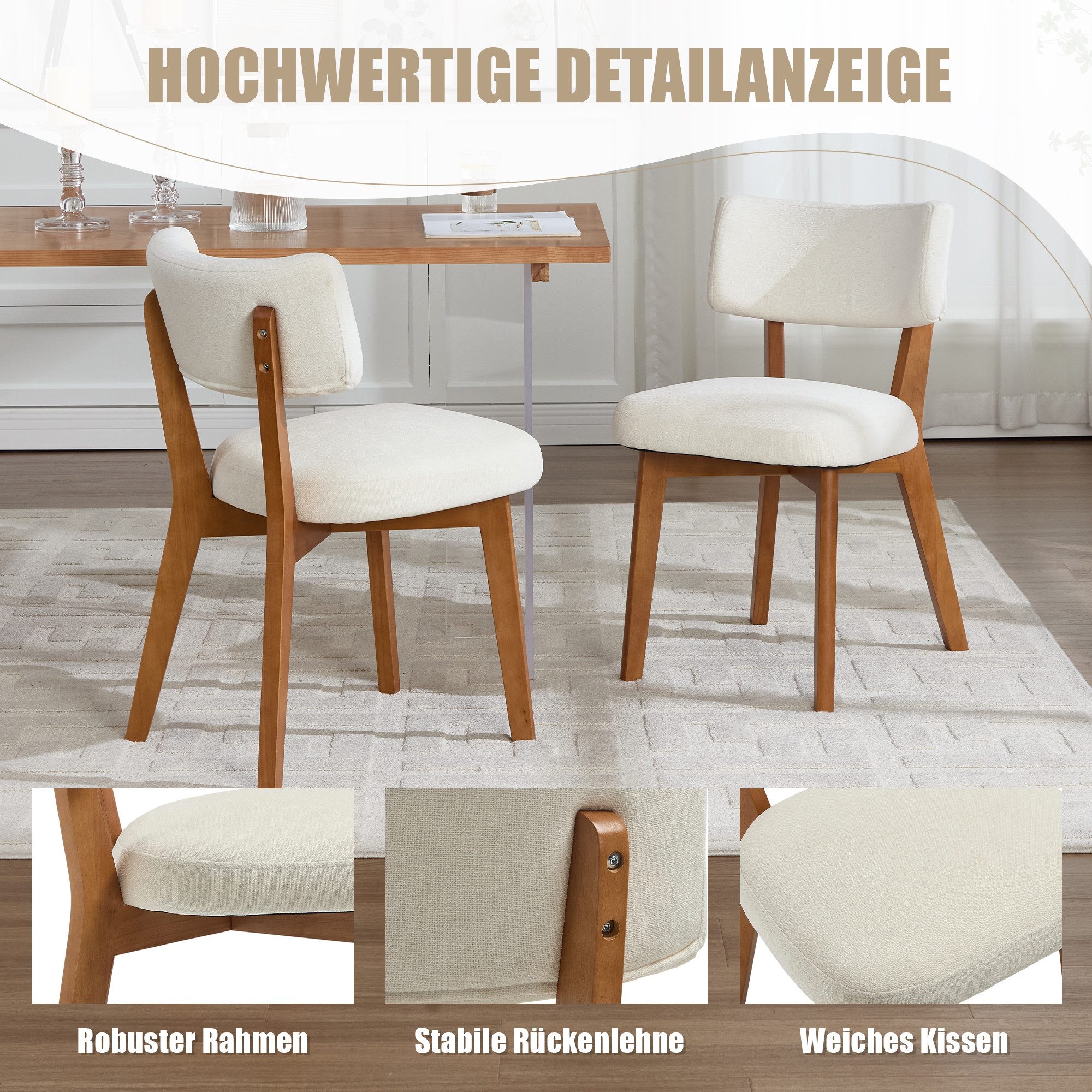 OKWISH 4-Fußstuhl Esszimmerstuhl (2er-Set mit Holzbeinen & gepolstertem Stoff), Polsterstuhl, ergonomisch