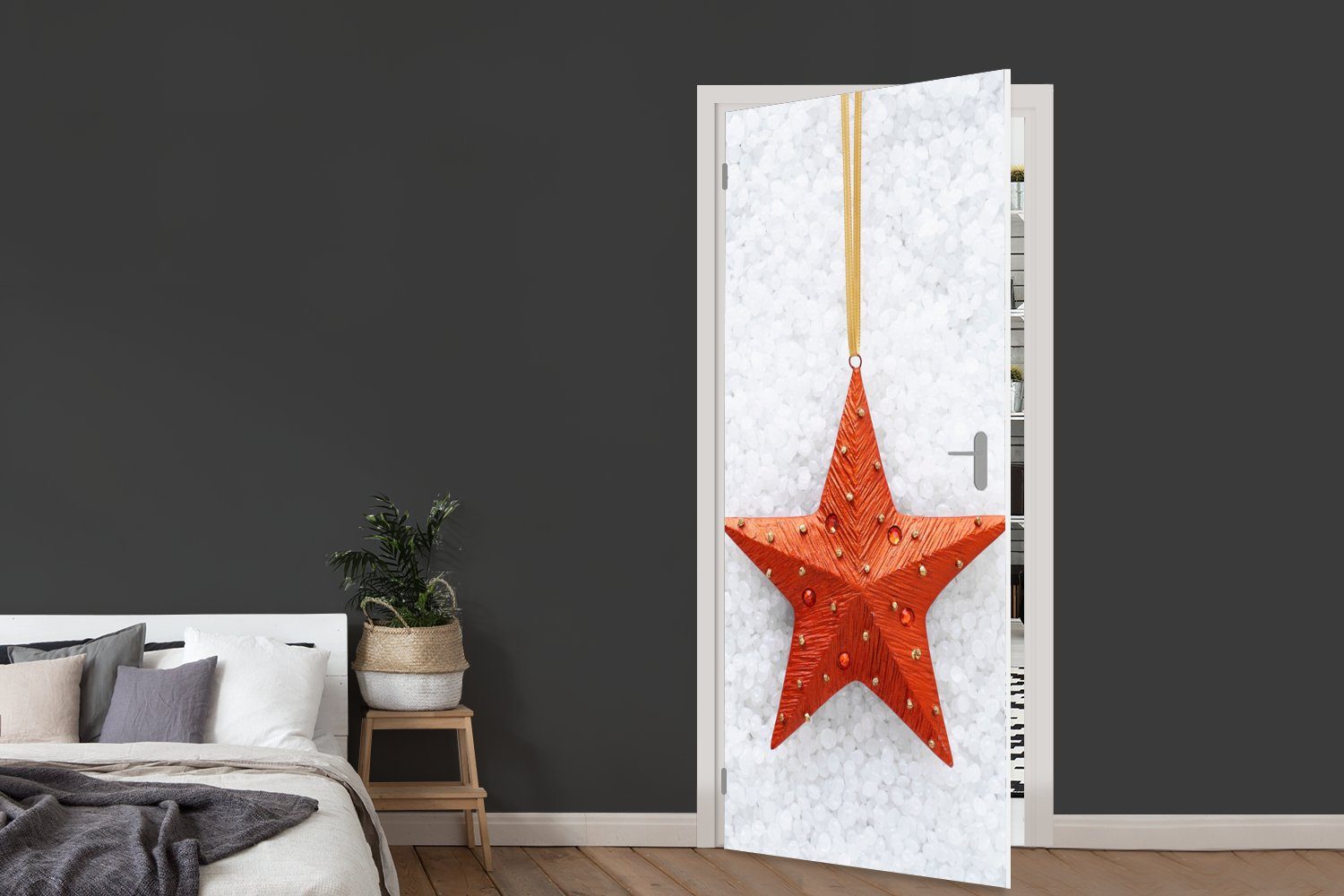 Tür, Hintergrund, Fototapete bedruckt, Türaufkleber, roter verschneitem St), Türtapete cm (1 mit für 75x205 Matt, Ein Stern MuchoWow