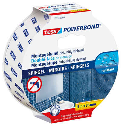 tesa Doppelklebeband POWERBOND Spiegel Doppelseitiges Klebeband (Packung, 1-St) Montageband extra stark - wasserfest / fürs Bad geeignet - 5 m : 38 mm