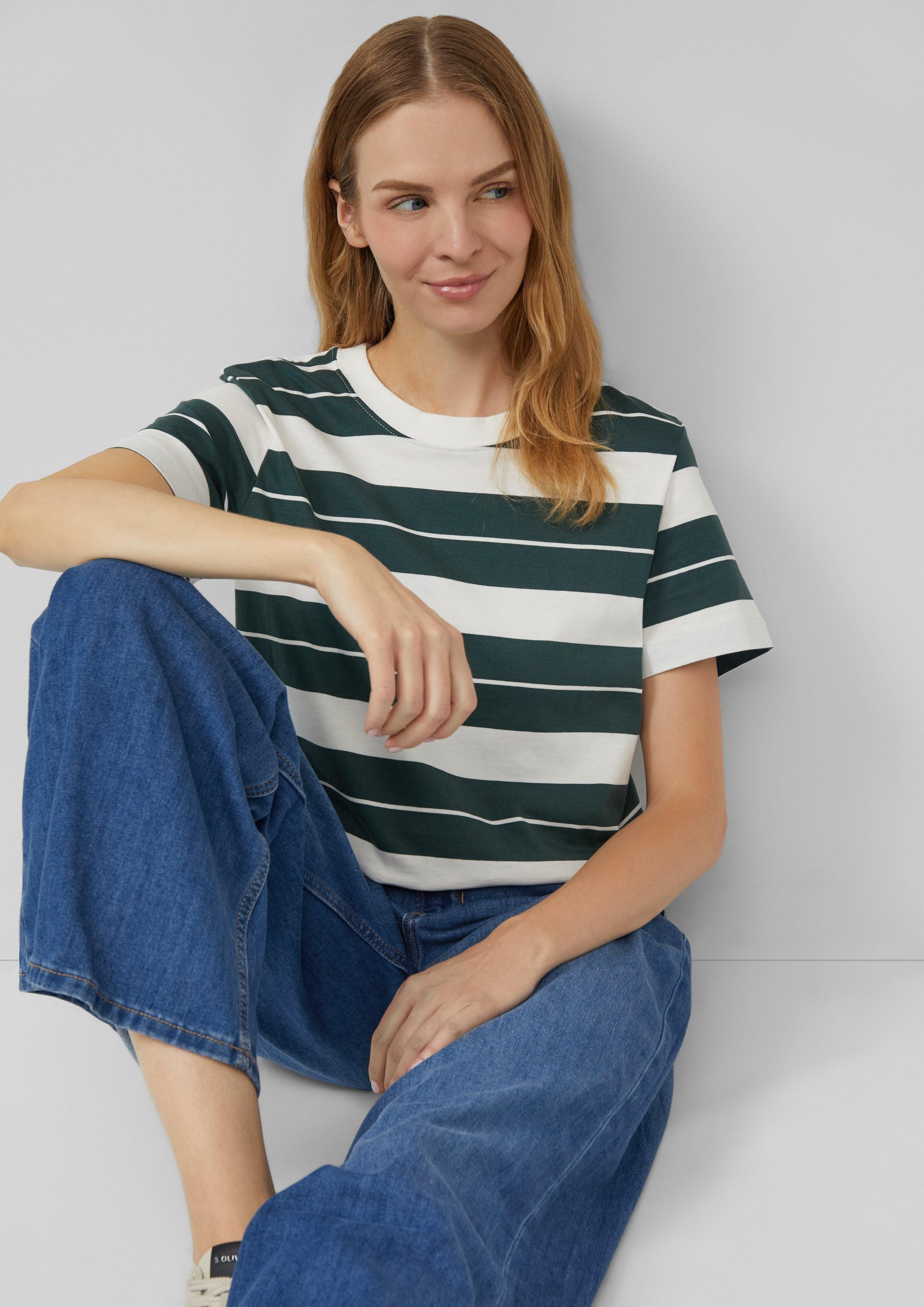 s.Oliver Kurzarmshirt Verkürztes Baumwoll-Streifen-T-Shirt mit Patch günstig online kaufen