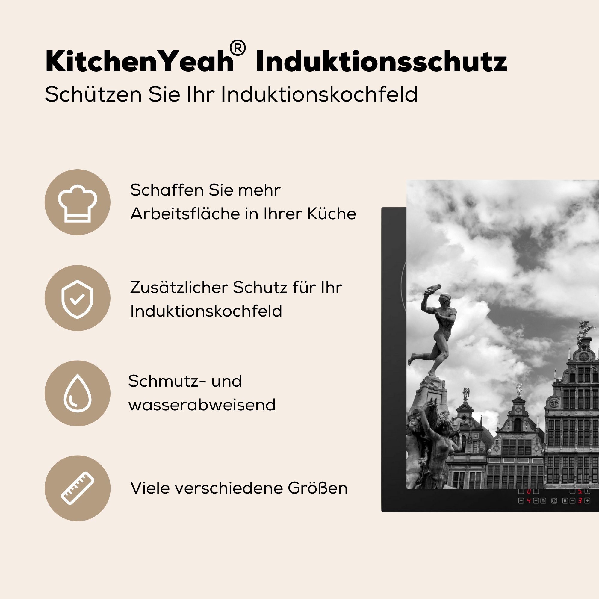 81x52 Herdblende-/Abdeckplatte Antwerpen Induktionskochfeld für (1 MuchoWow Vinyl, cm, tlg), Schutz - Haus, - die Weiß - Schwarz Ceranfeldabdeckung küche,