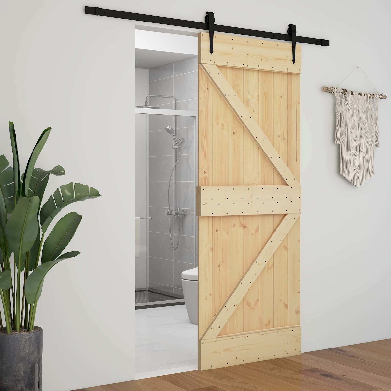 furnicato Schiebetür Massivholz 90 x 210 cm Natürlich und Schwarz, Stabile Laufschiene aus Stahl für deine platzsparende Schiebetür