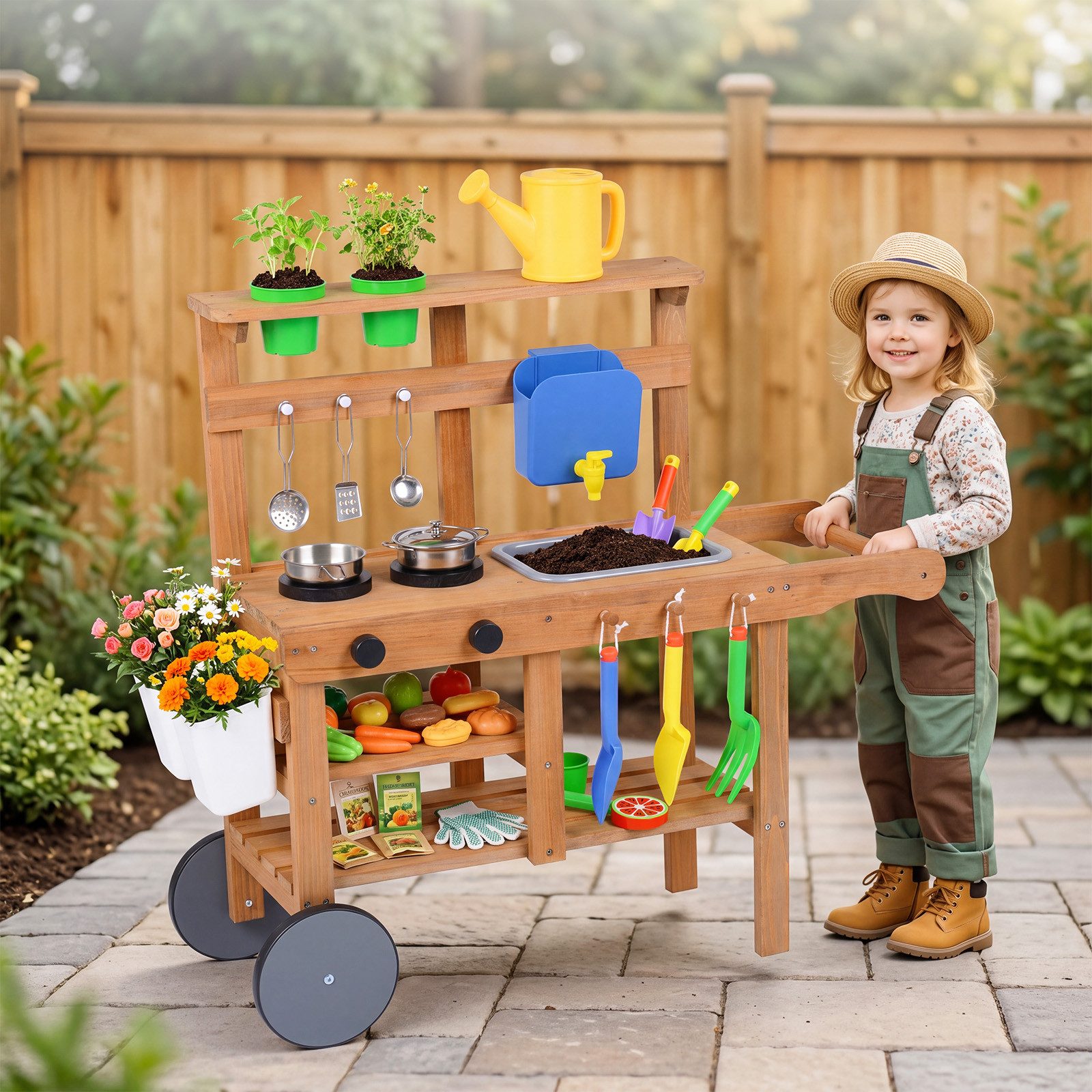 COSTWAY Outdoor-Spielküche Holz, Mit Blumentöpfen, abnehmbaren Wassertank & Waschbecken