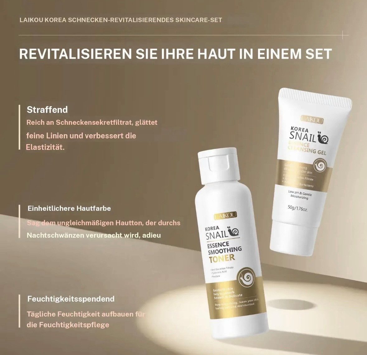 LAIKOU Gesichtspflege-Set Korea Snail Essence Soothing – Intensive Pflege mit Schneckenextrakt, 1-tlg., Komplettes 5-teiliges Hautpflegeset für die tägliche Gesichtspflege