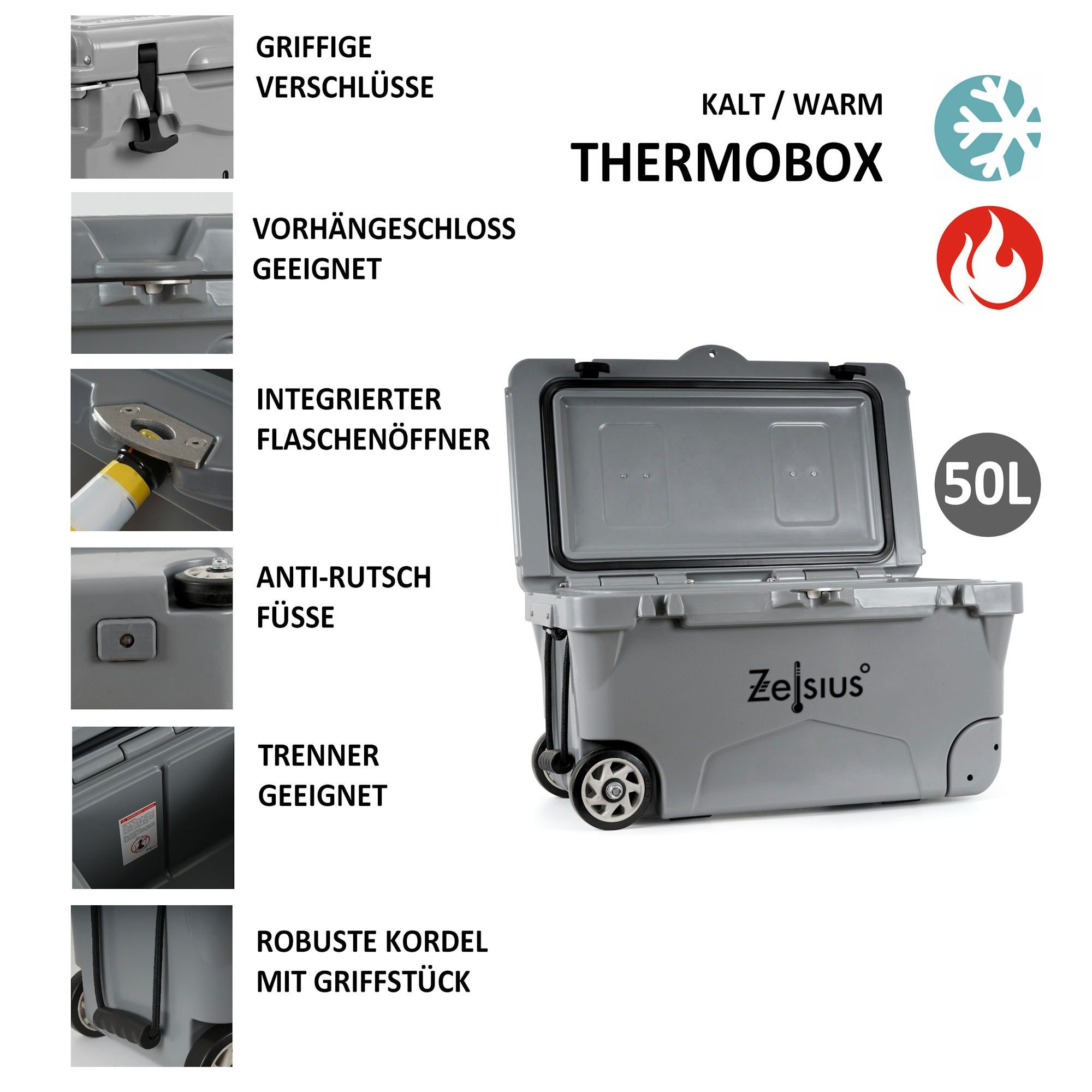 Camping, l, 50 Kühlbox für Rädern Räder, Zelsius grau Cooling Auto Liter mit mit Kühlbox 50 Box